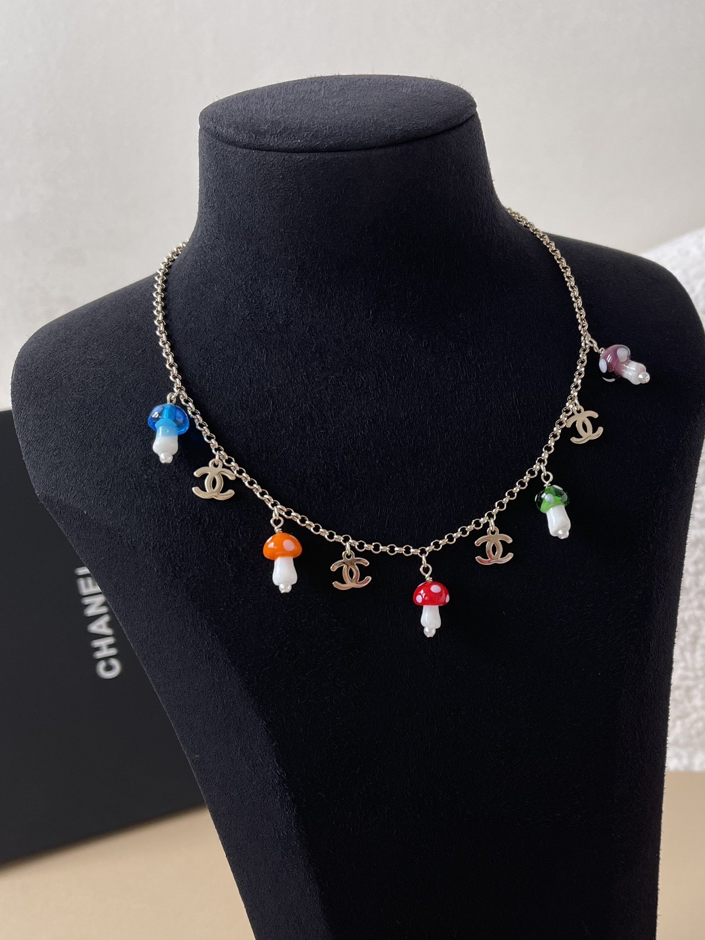 Luxury Chanel Gold Mushroom Charm Necklace with Colorful Accents