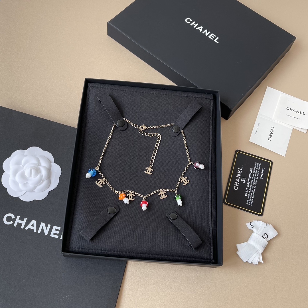 Luxury Chanel Gold Mushroom Charm Necklace with Colorful Accents
