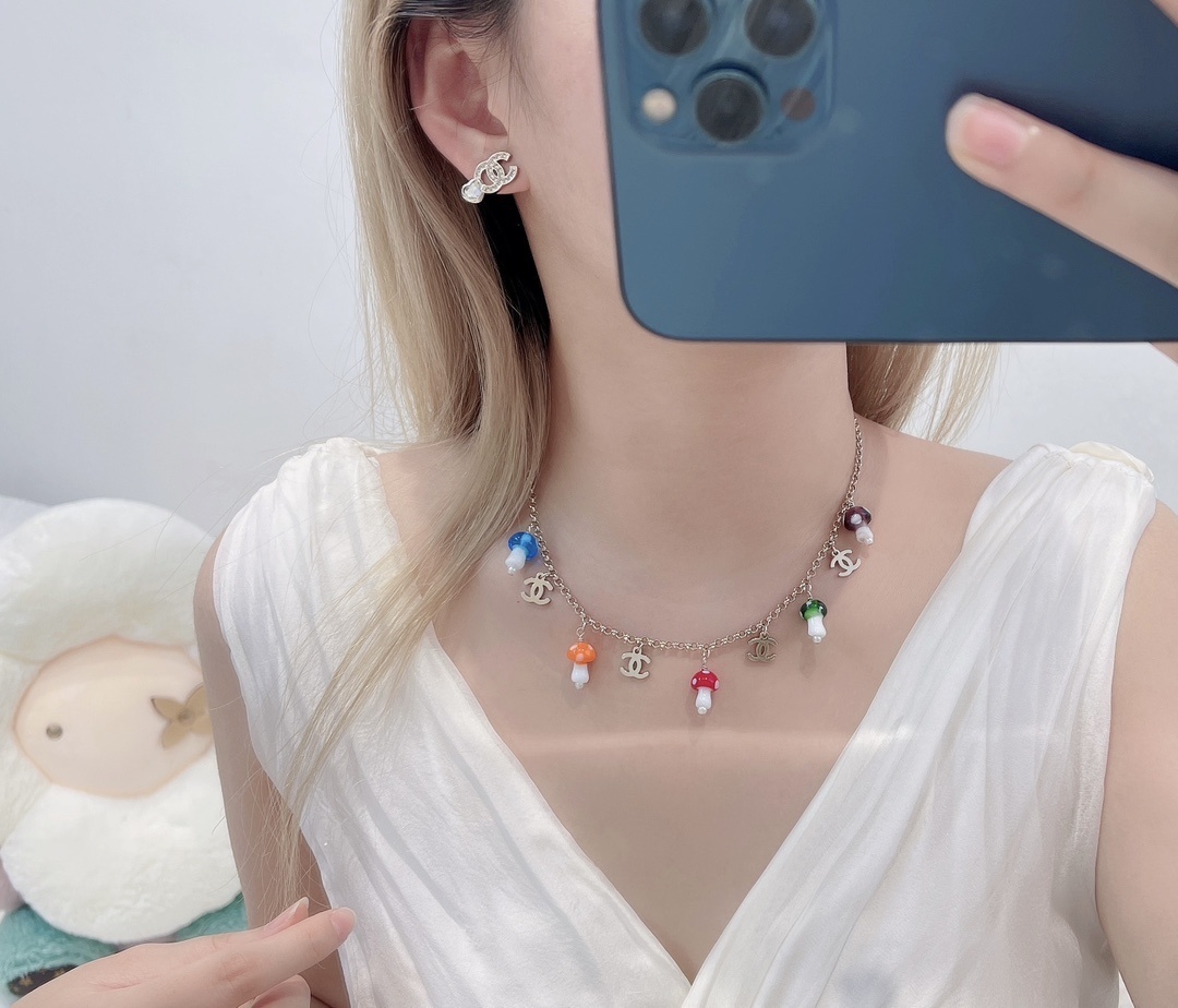 Luxury Chanel Gold Mushroom Charm Necklace with Colorful Accents