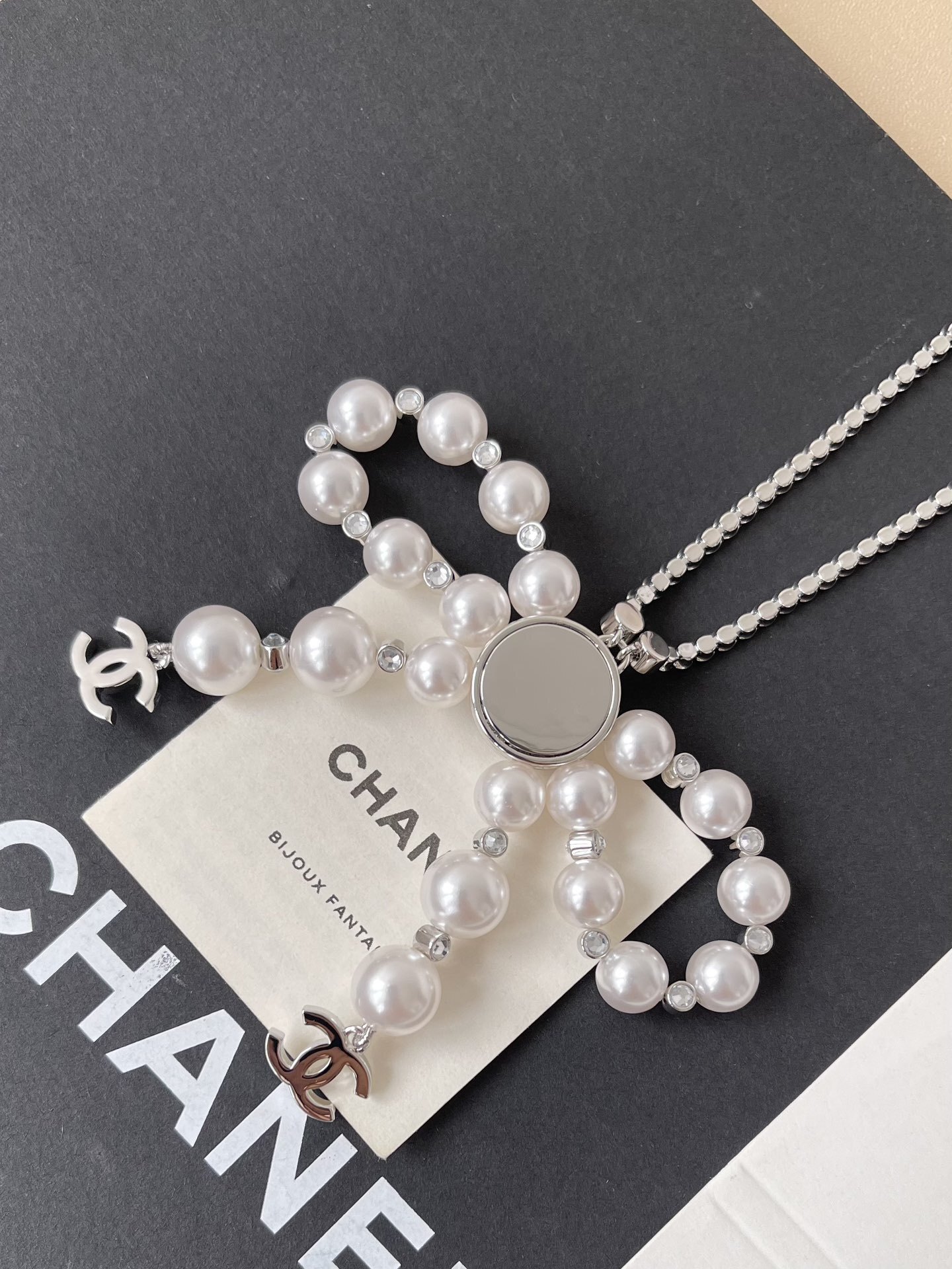 Elegant Pearl & Crystal Bow Necklace - Designer CC Logo Jewelry