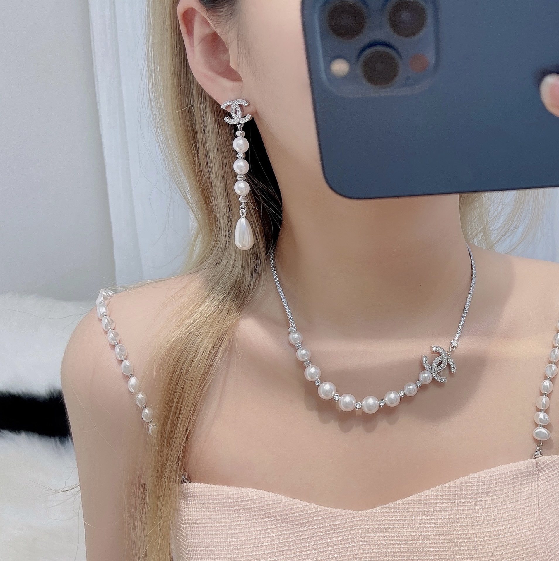 Chanel Silver-Tone Pearl and Crystal CC Logo Pendant Necklace