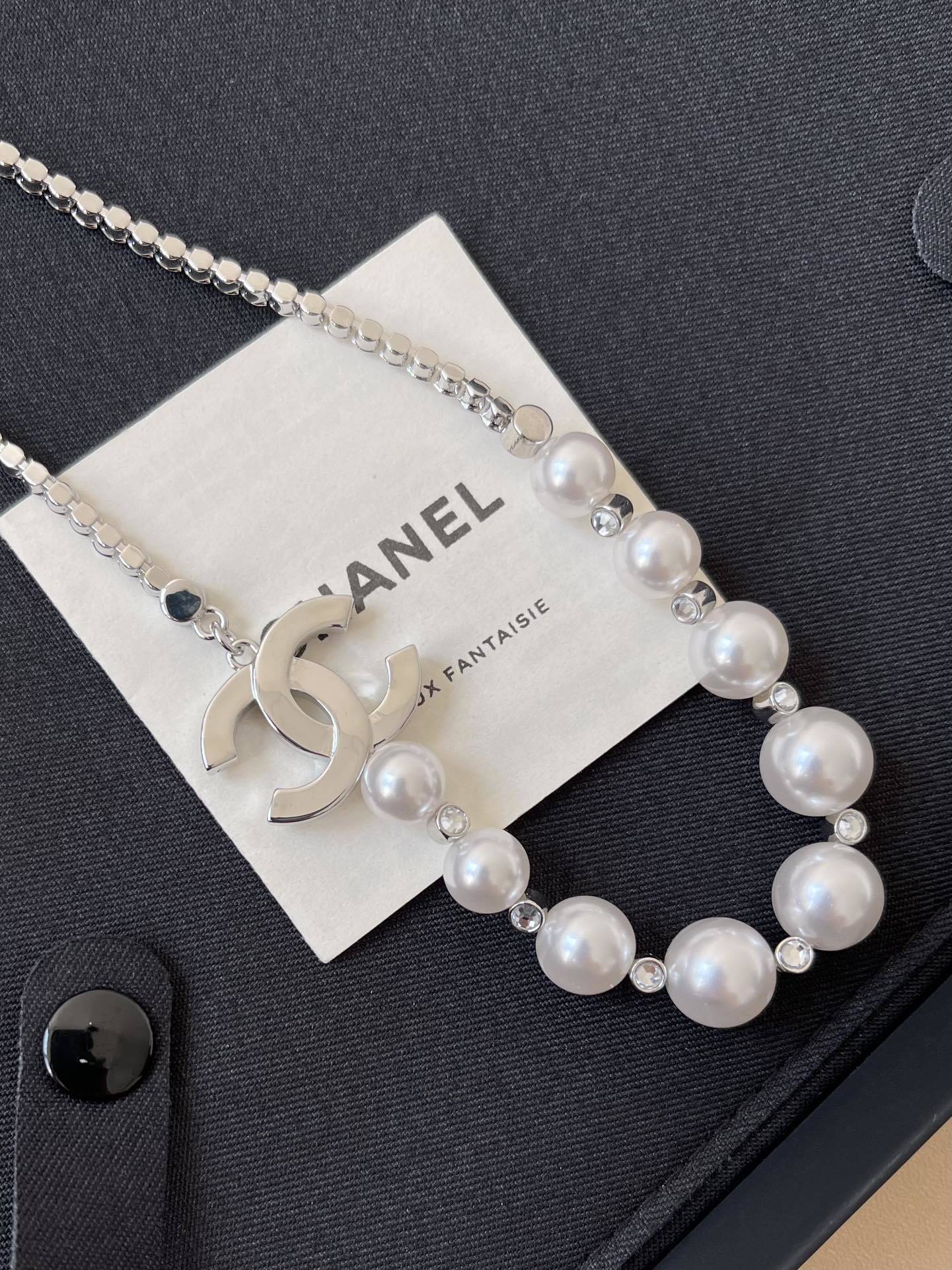 Chanel Silver-Tone Pearl and Crystal CC Logo Pendant Necklace