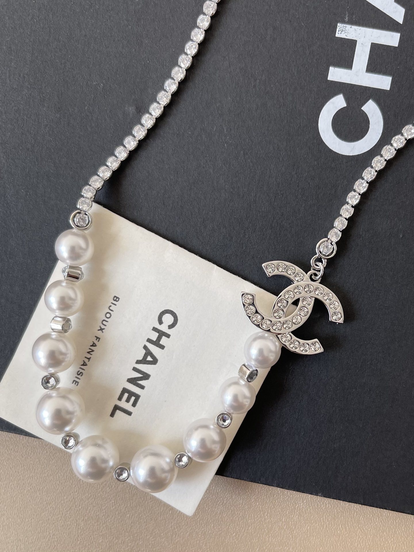 Chanel Silver-Tone Pearl and Crystal CC Logo Pendant Necklace