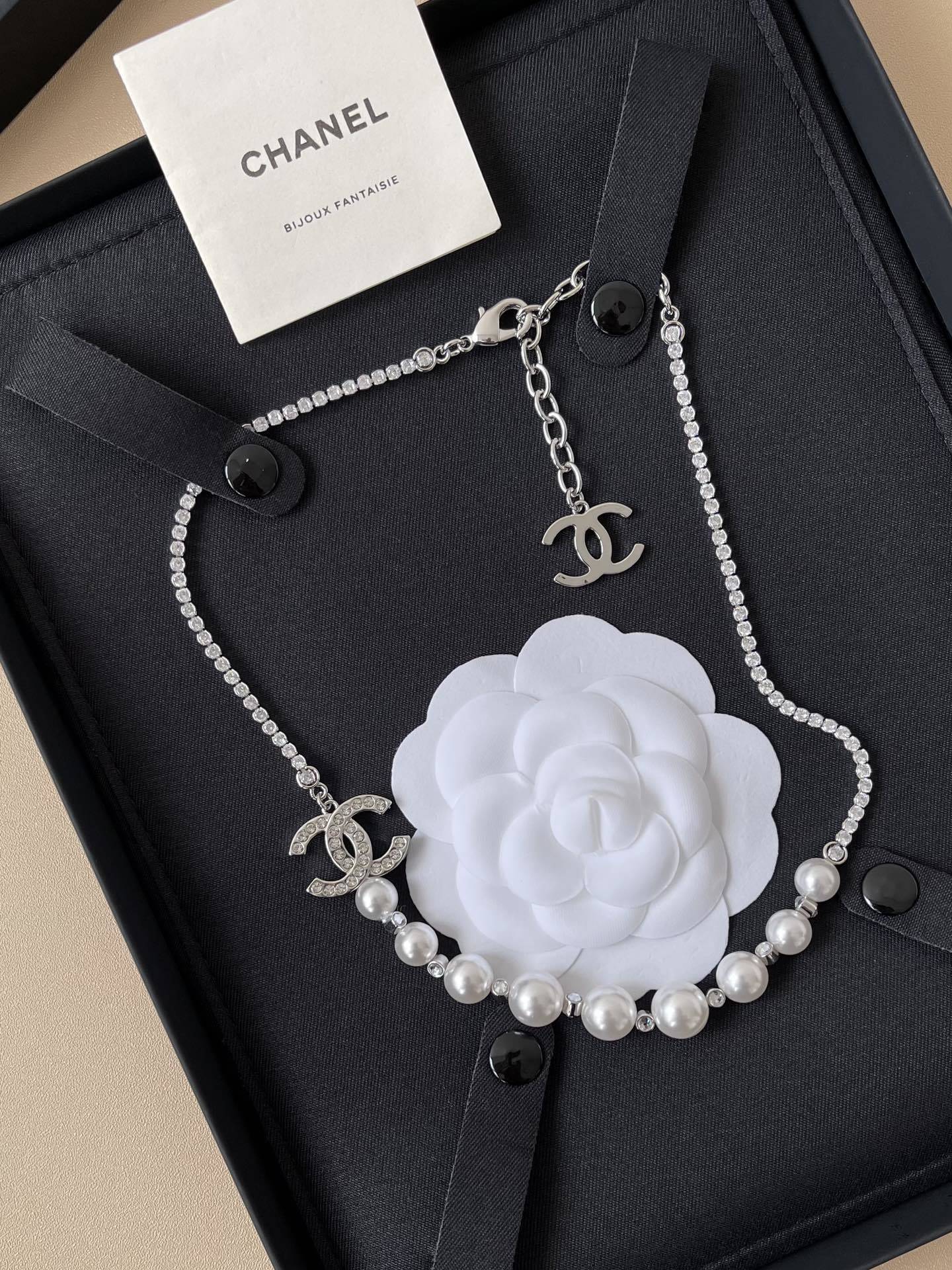 Chanel Silver-Tone Pearl and Crystal CC Logo Pendant Necklace