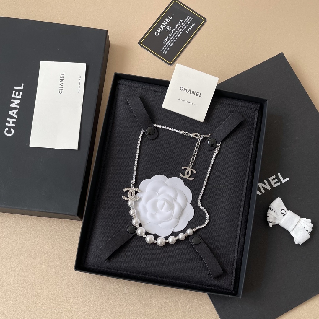 Chanel Silver-Tone Pearl and Crystal CC Logo Pendant Necklace