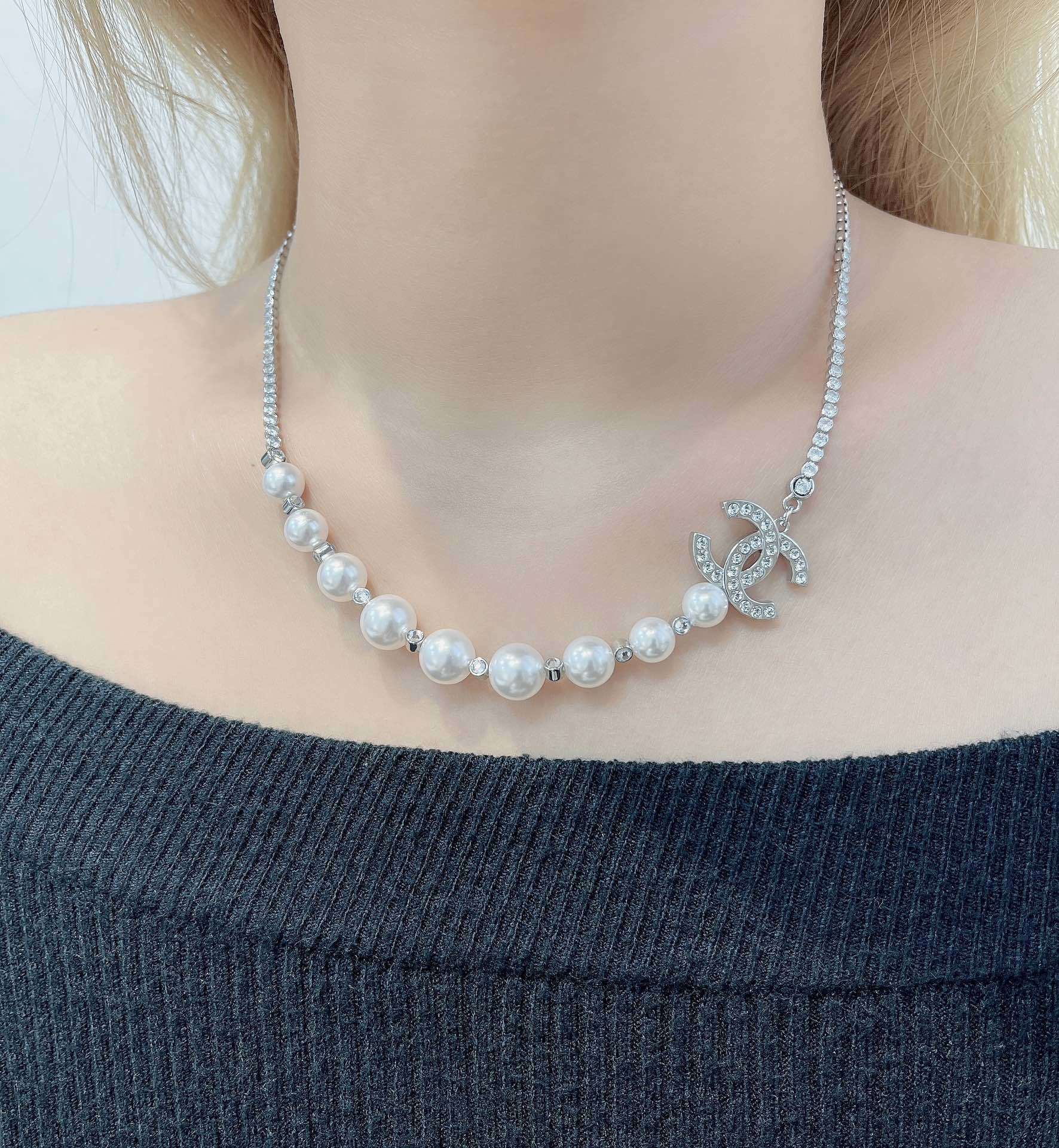 Chanel Silver-Tone Pearl and Crystal CC Logo Pendant Necklace