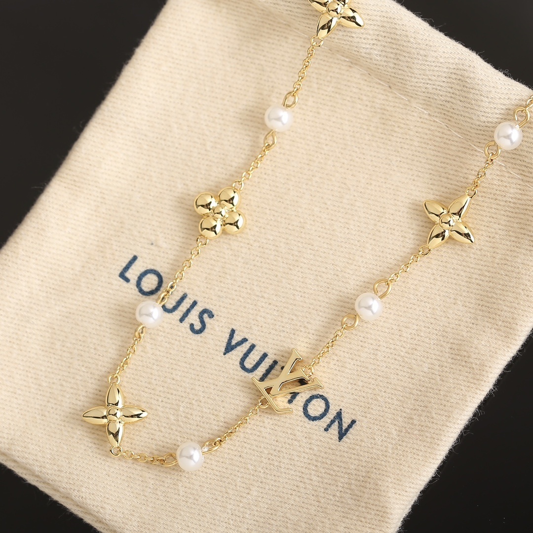 Louis Vuitton Monogram Pearl Necklace - Elegant Gold Finish