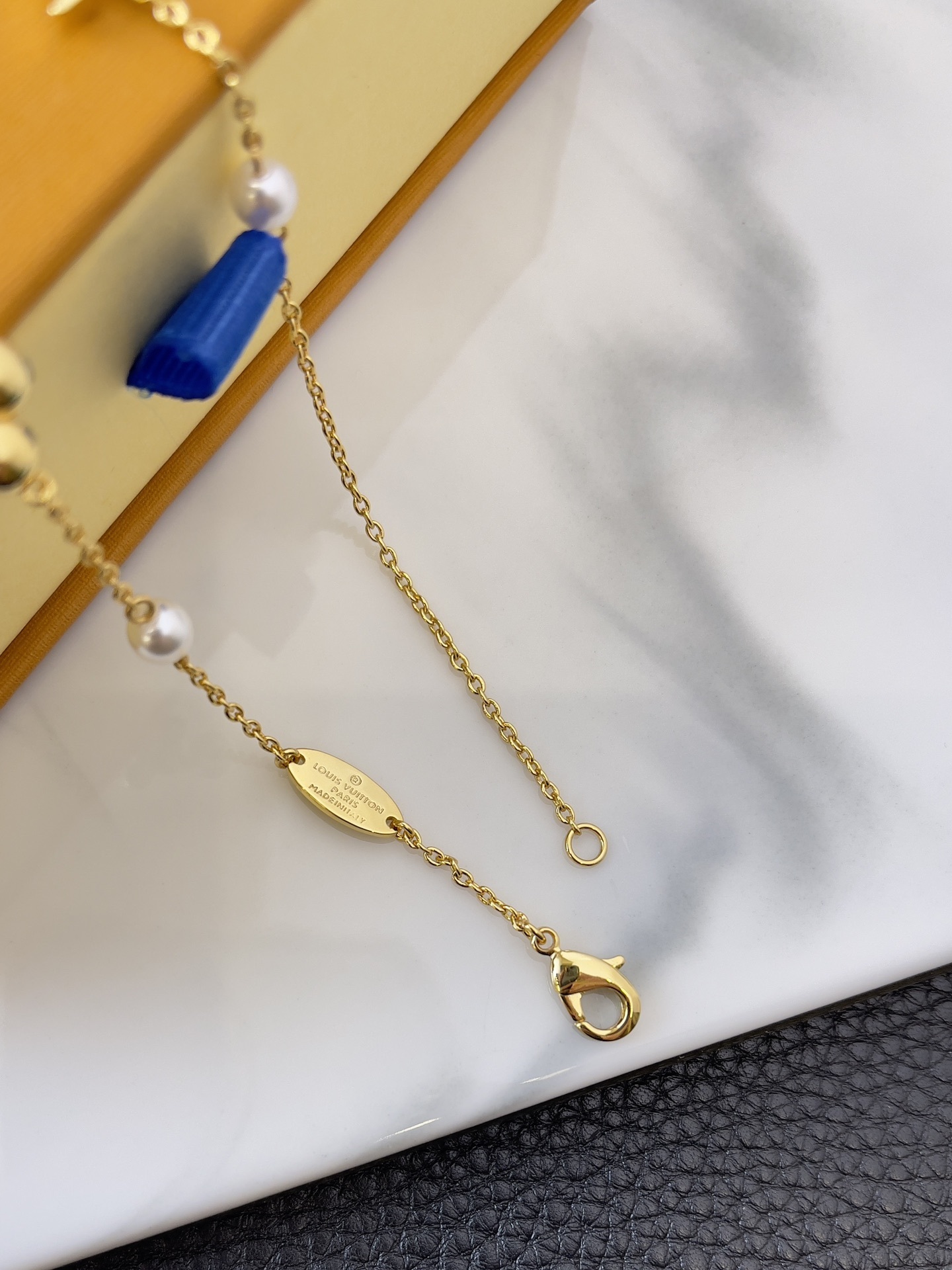 Elegant Gold-Tone Pearl Long Necklace with Floral & Logo Charms