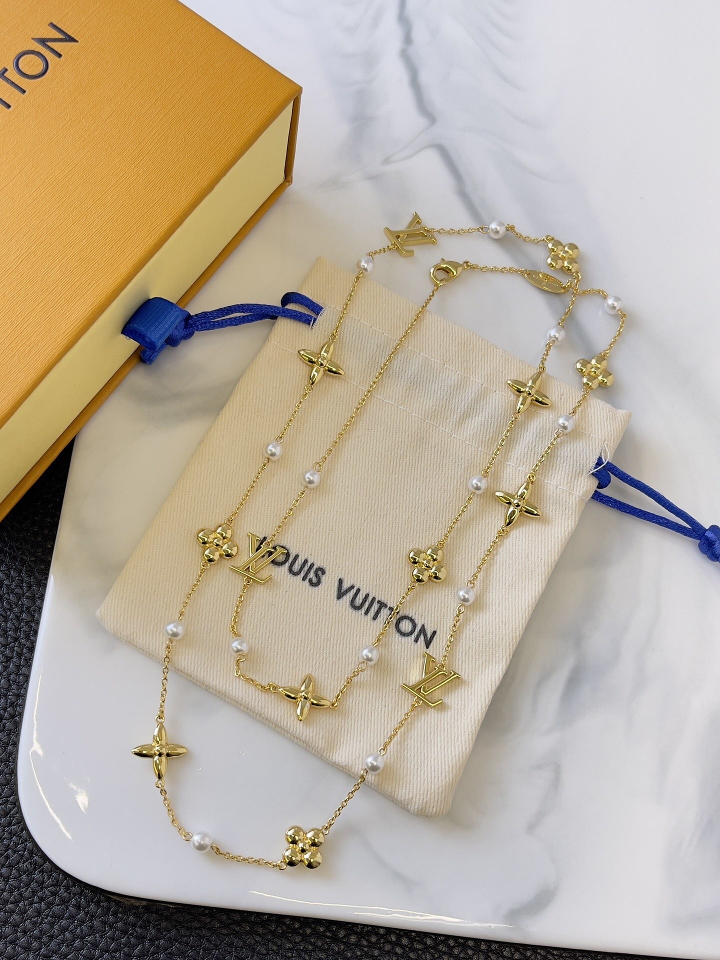 Elegant Gold-Tone Pearl Long Necklace with Floral & Logo Charms