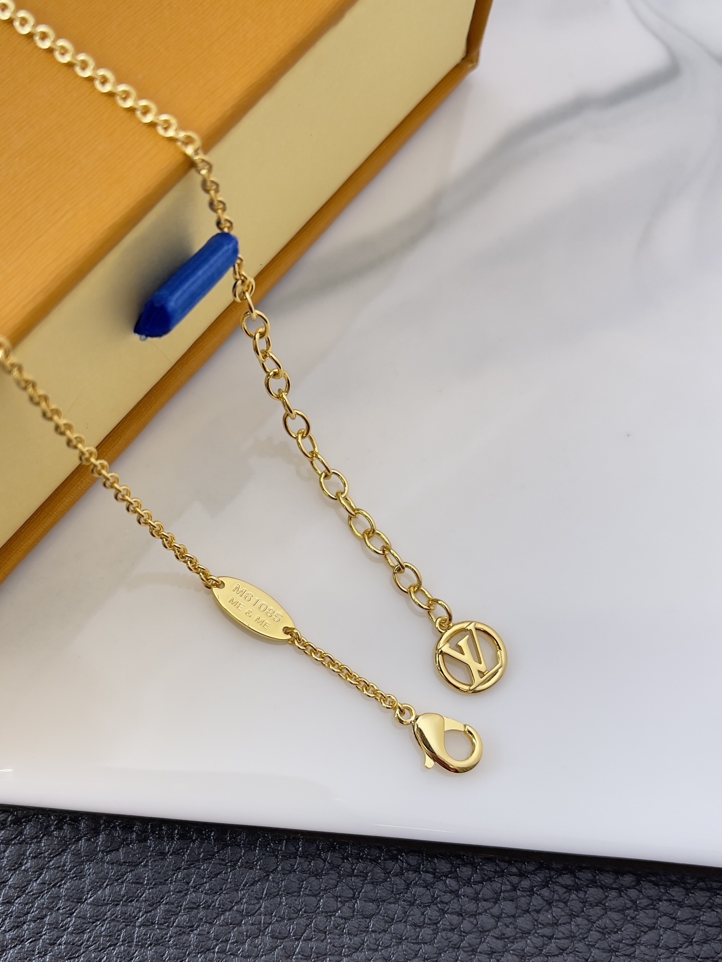 Louis Vuitton Style Gold Monogram Flower Necklace with Crystals