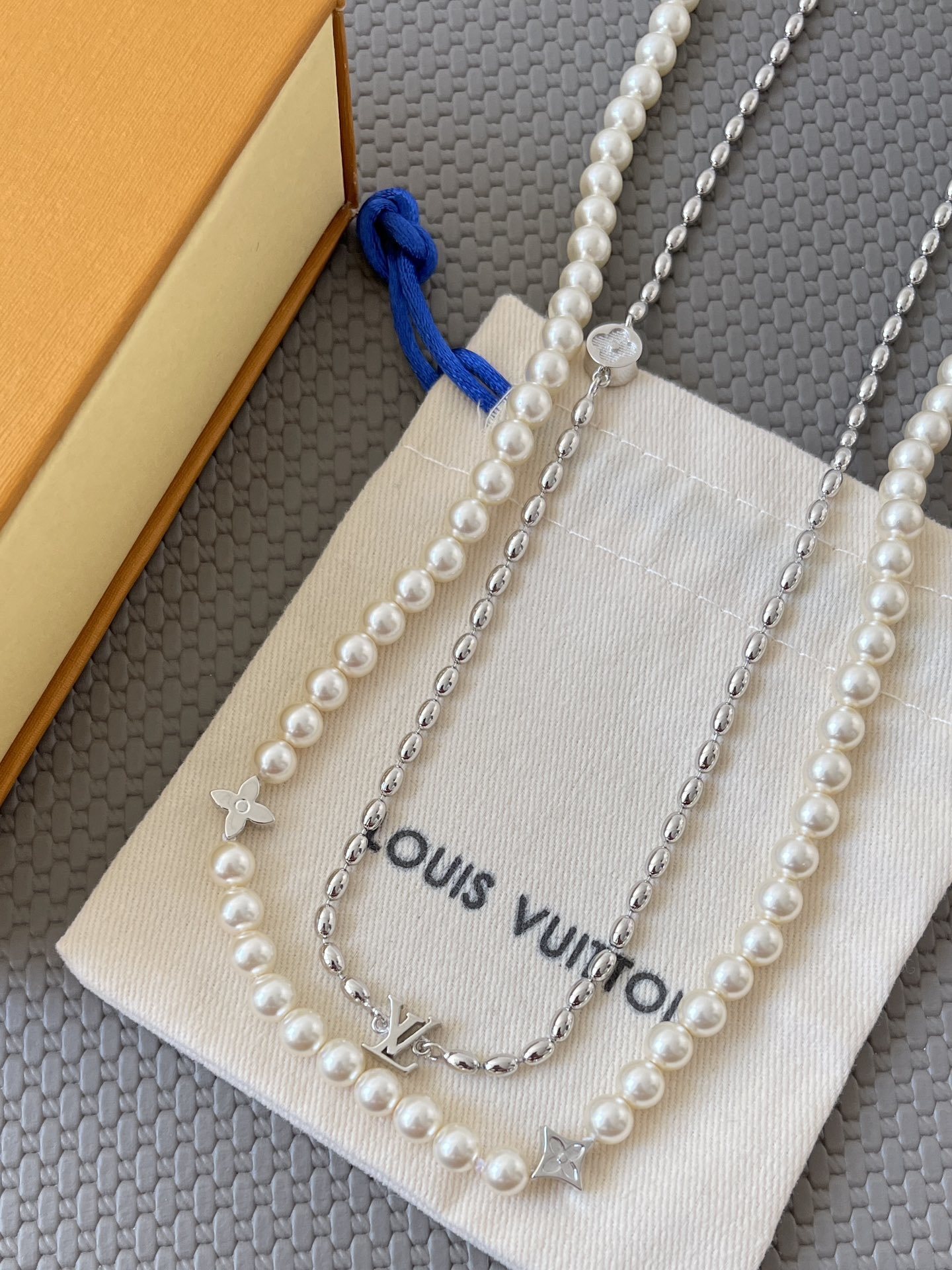 Luxury LV Monogram Double Layered Pearl & Silver Necklace for Women