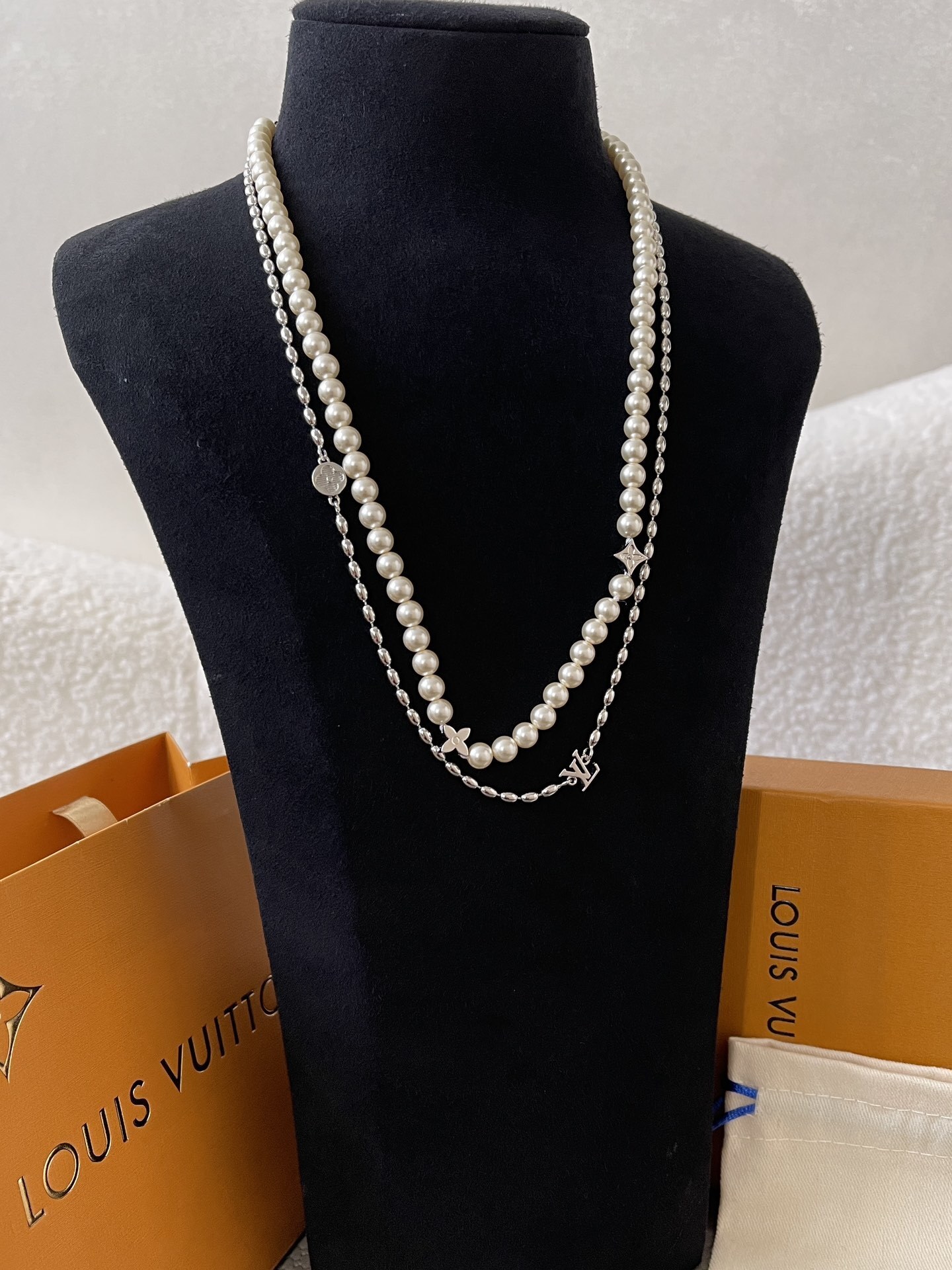 Luxury LV Monogram Double Layered Pearl & Silver Necklace for Women