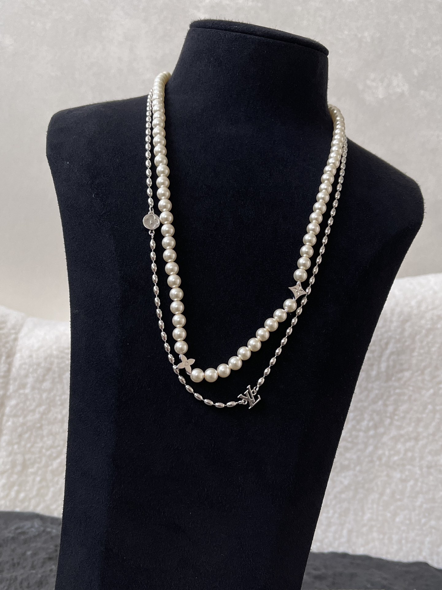 Luxury LV Monogram Double Layered Pearl & Silver Necklace for Women