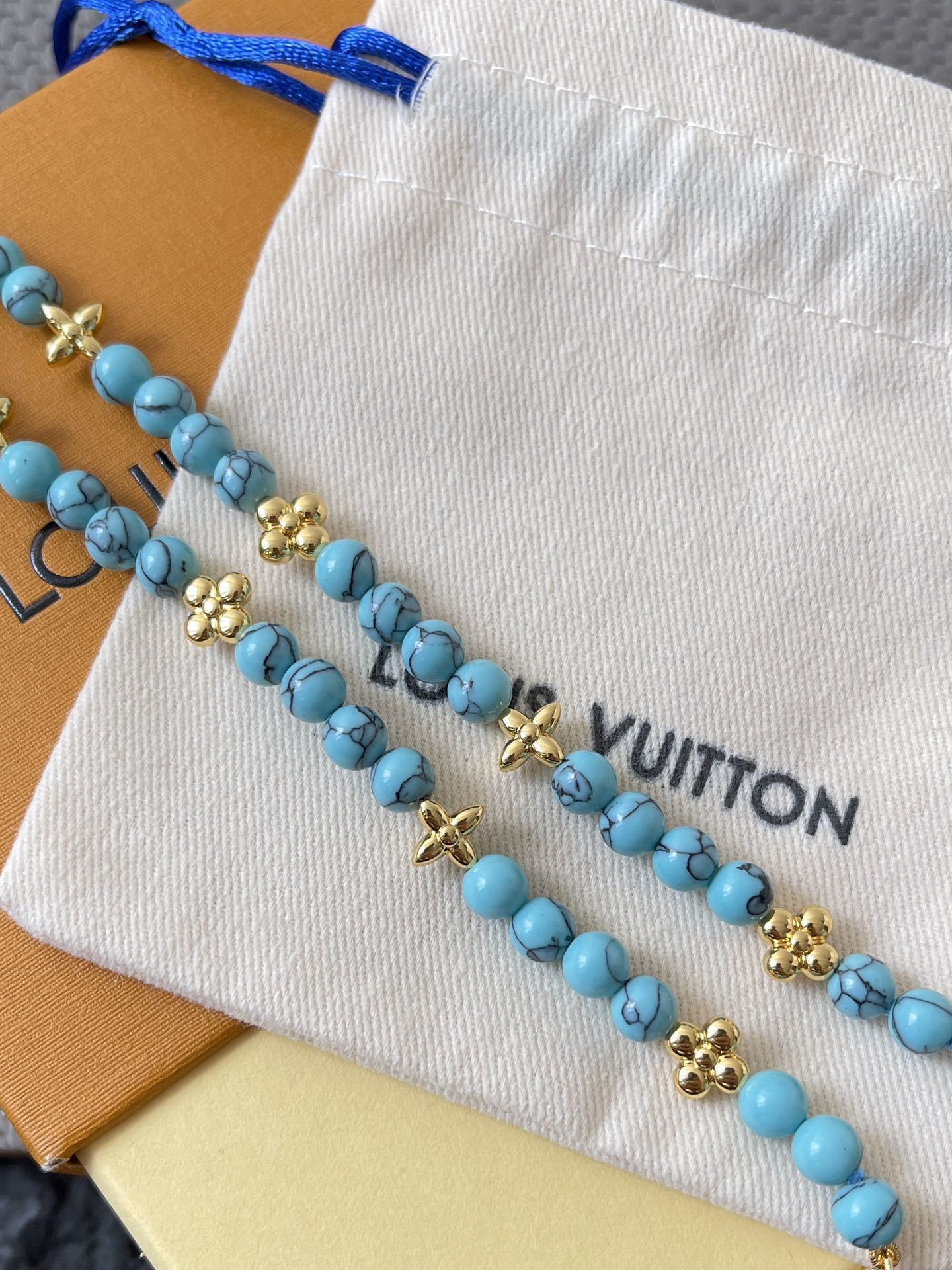 Louis Vuitton Turquoise Beaded Necklace with Gold Monogram Charms