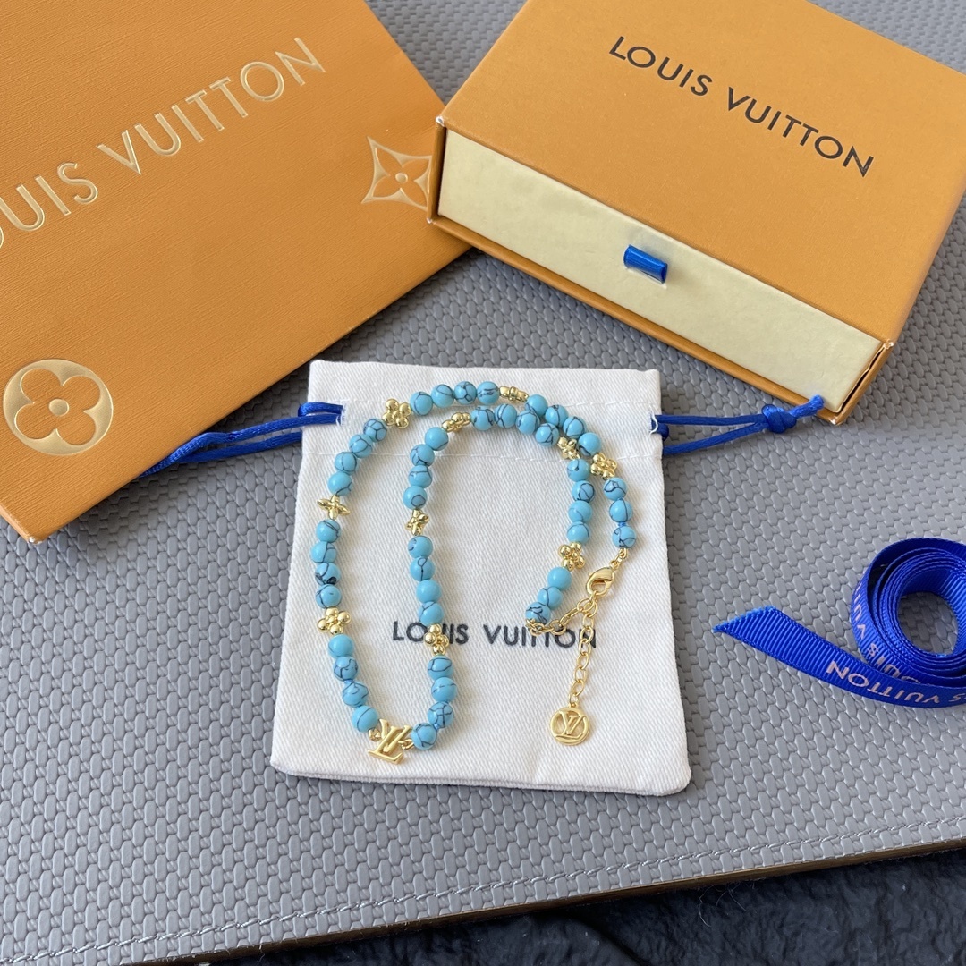 Louis Vuitton Turquoise Beaded Necklace with Gold Monogram Charms