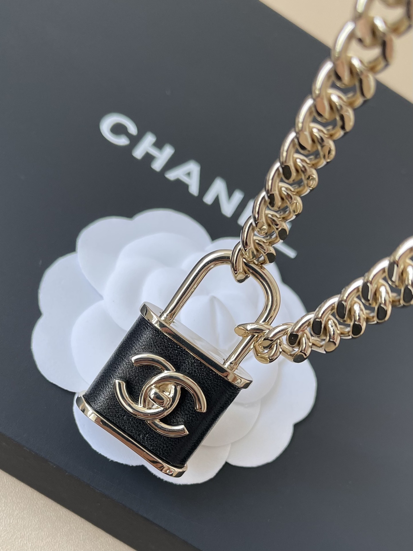 Chanel CC Padlock Necklace - Gold Chain & Black Leather Pendant