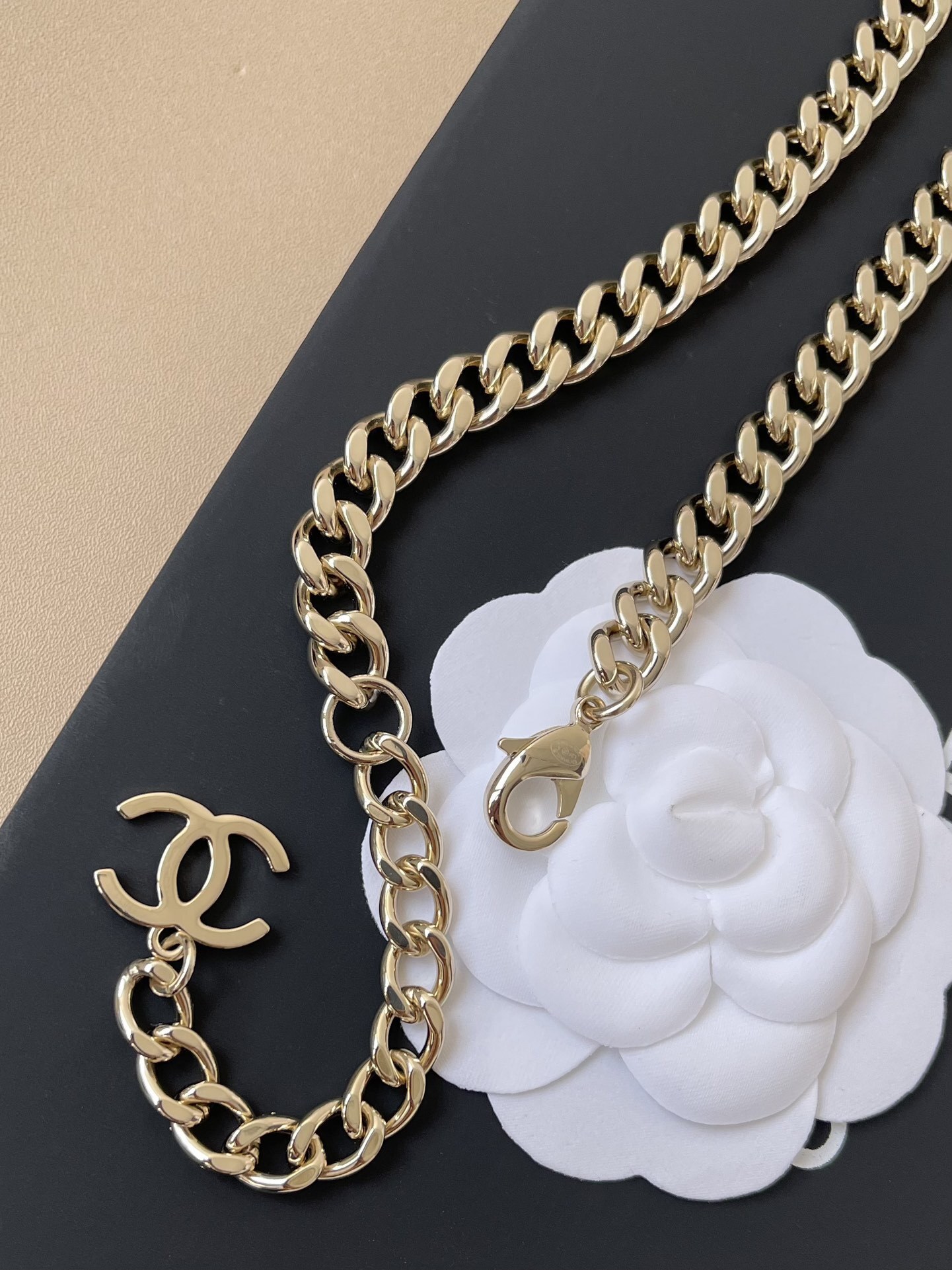 Chanel CC Padlock Necklace - Gold Chain & Black Leather Pendant