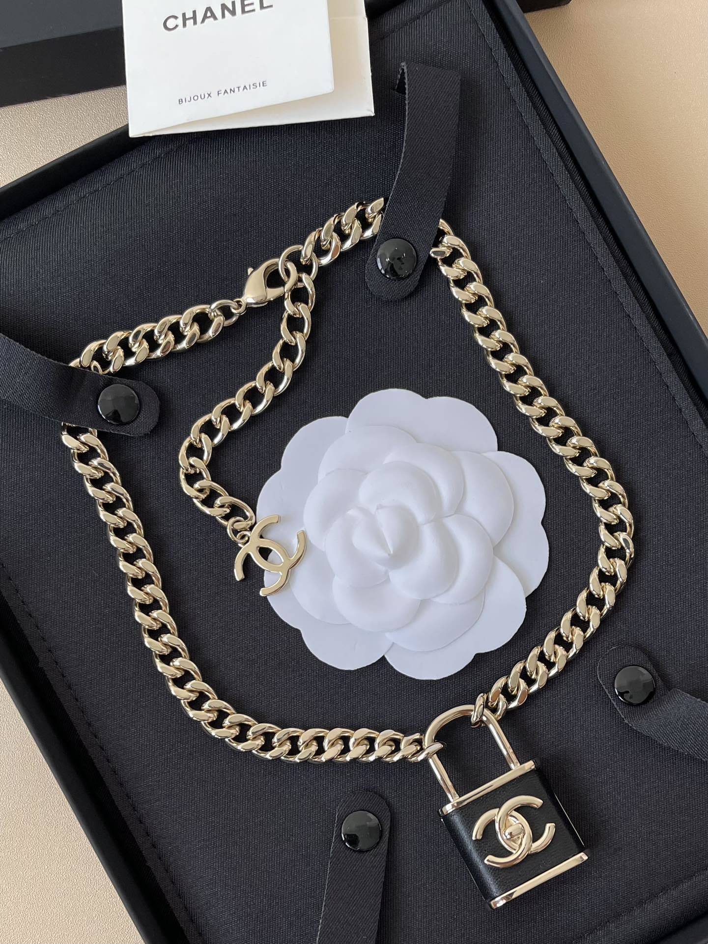 Chanel CC Padlock Necklace - Gold Chain & Black Leather Pendant
