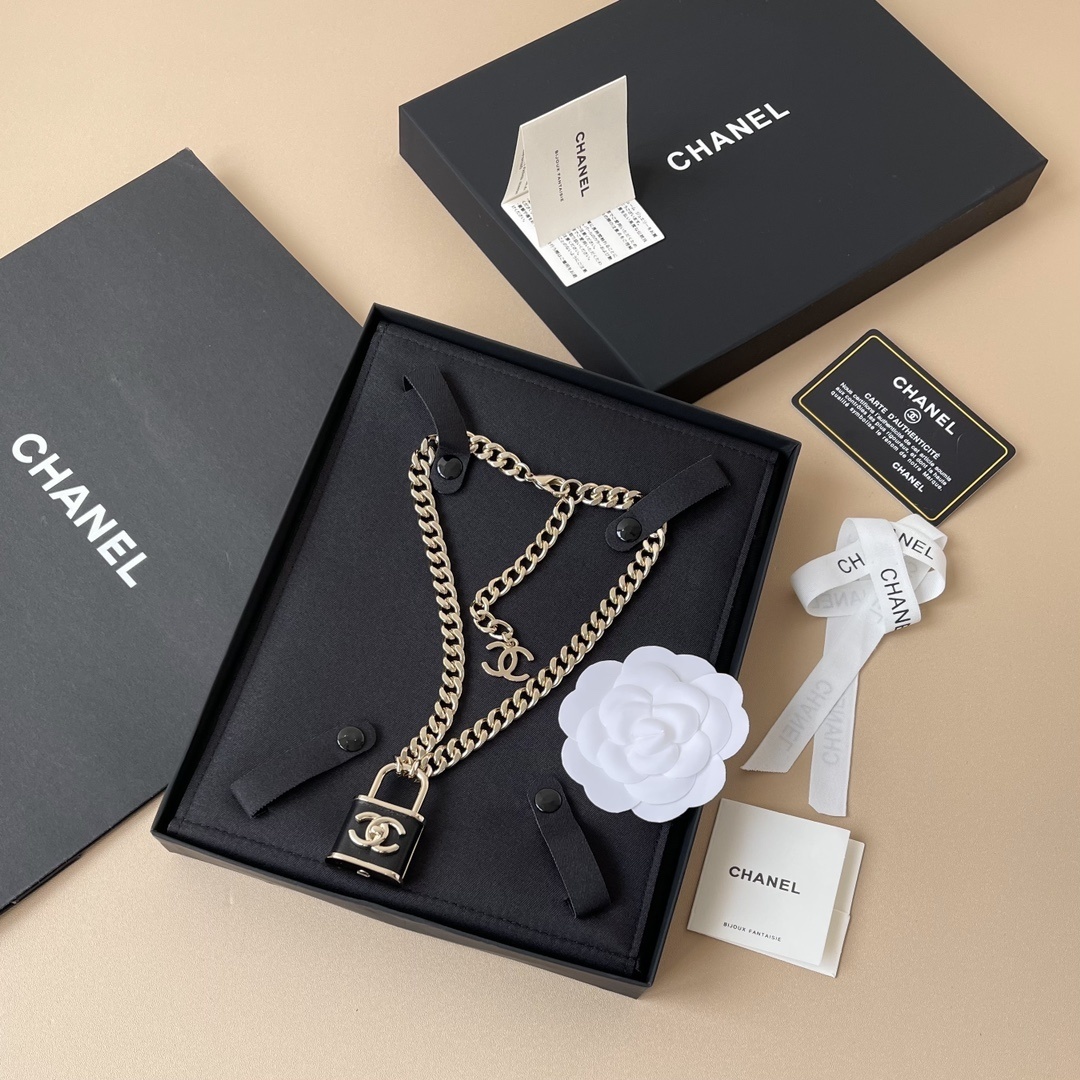 Chanel CC Padlock Necklace - Gold Chain & Black Leather Pendant