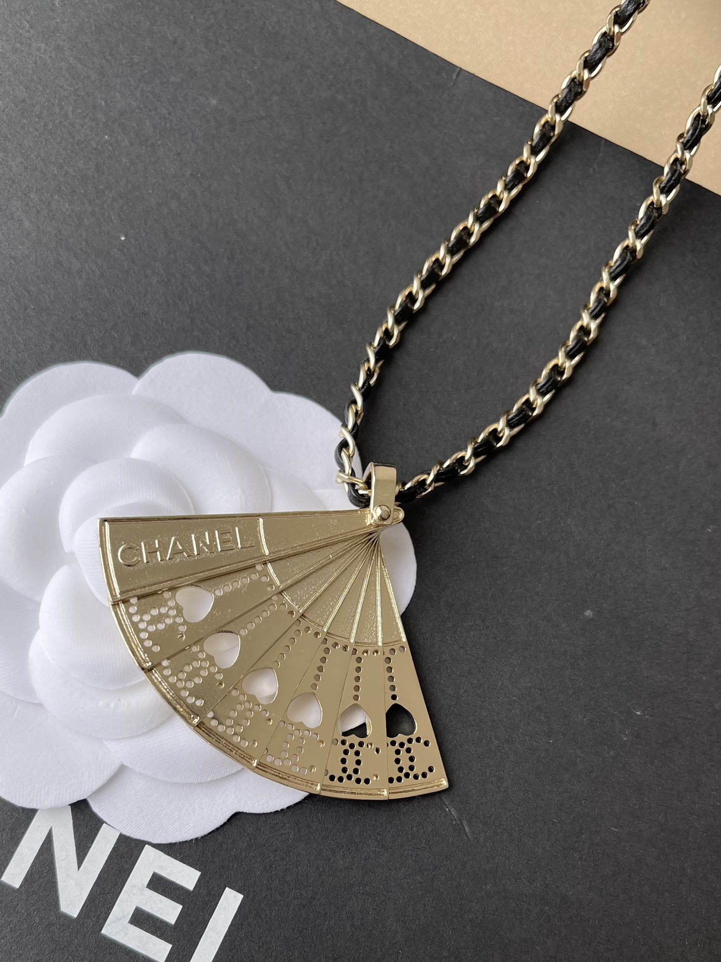 Chanel Metiers d'Art Fan Pendant Necklace Gold & Lambskin