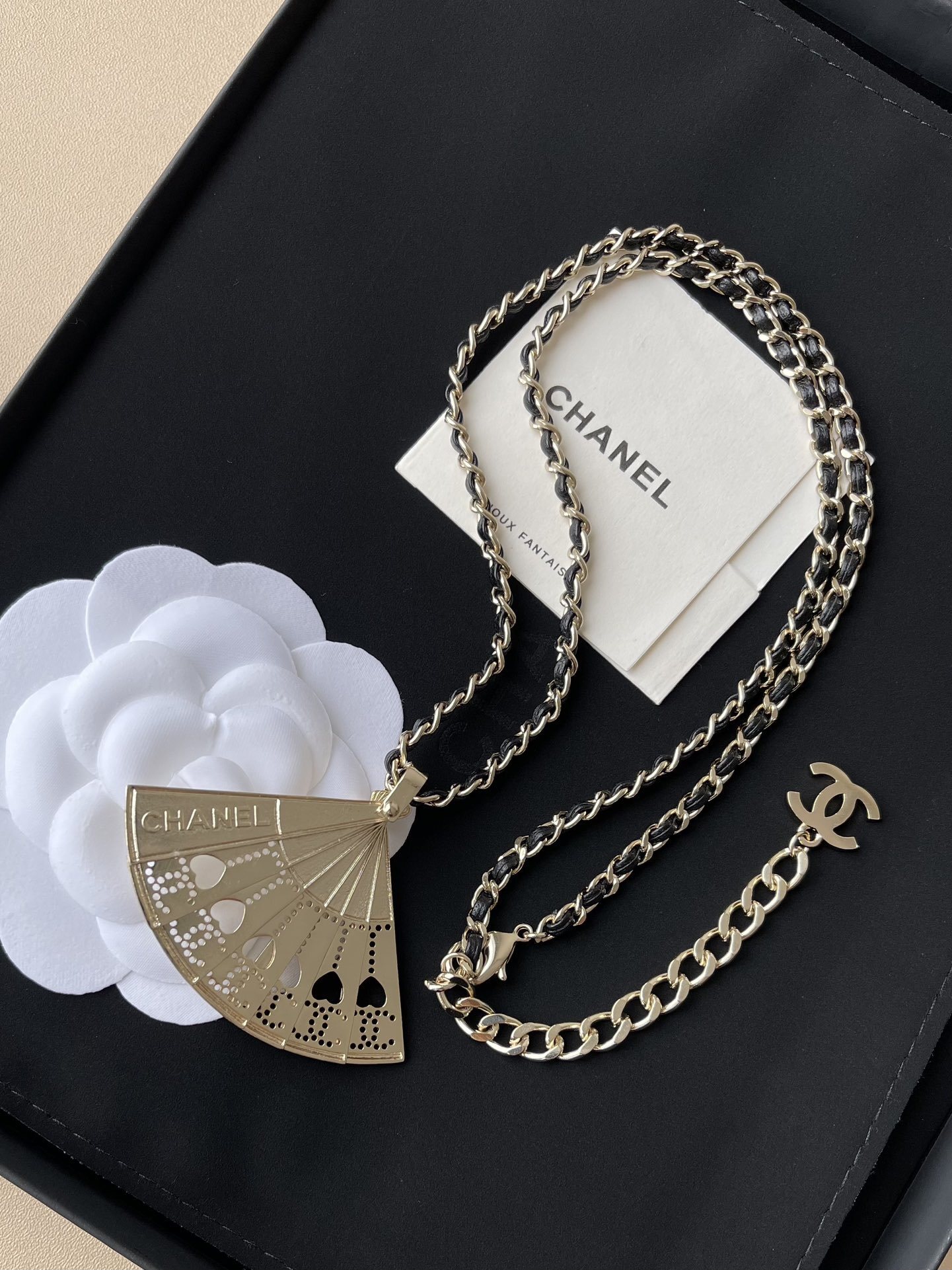 Chanel Metiers d'Art Fan Pendant Necklace Gold & Lambskin