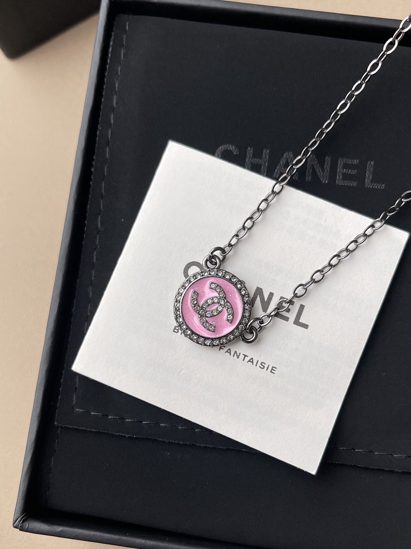 Chanel CC Logo Pink Resin Crystal Necklace - Ruthenium Finish