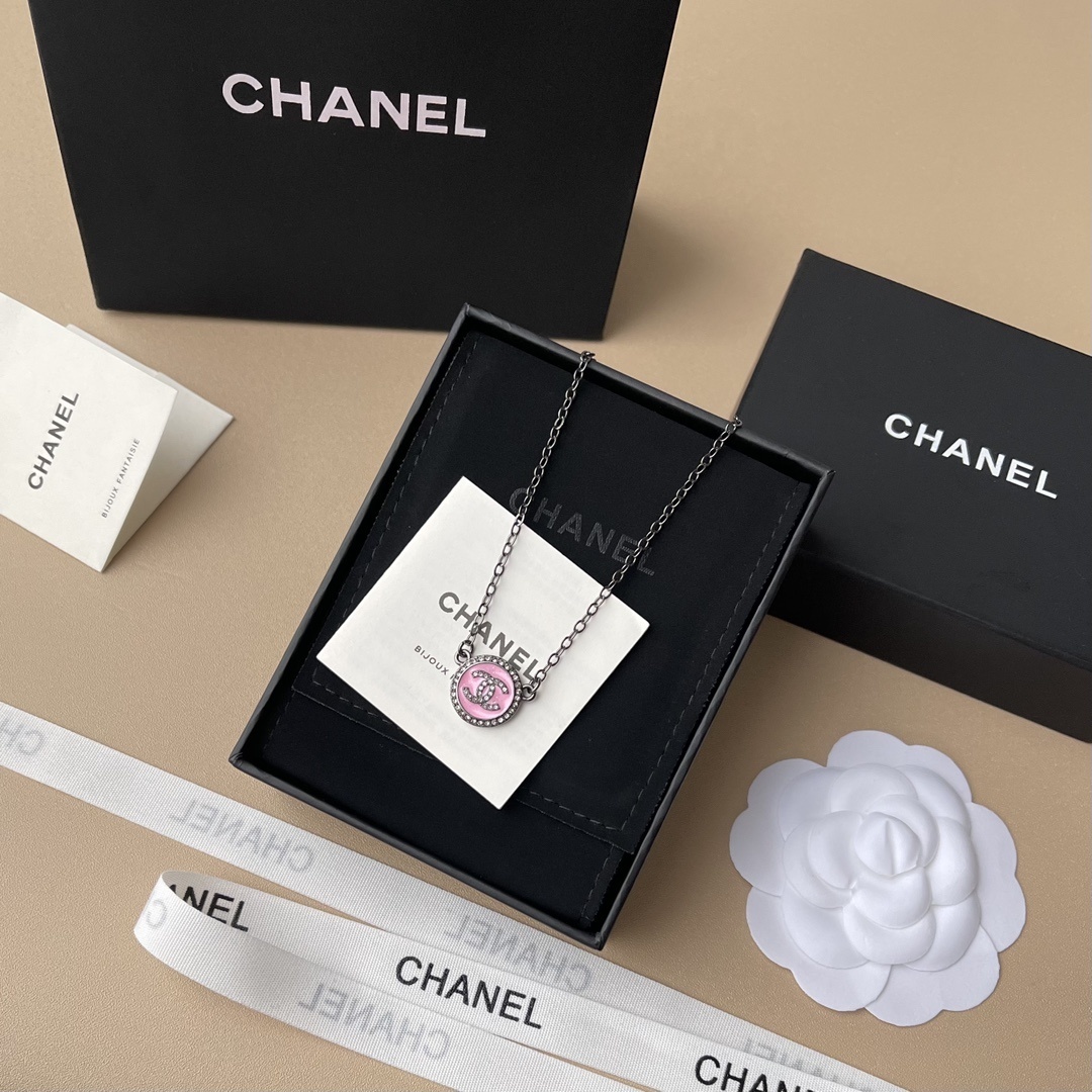 Chanel CC Logo Pink Resin Crystal Necklace - Ruthenium Finish
