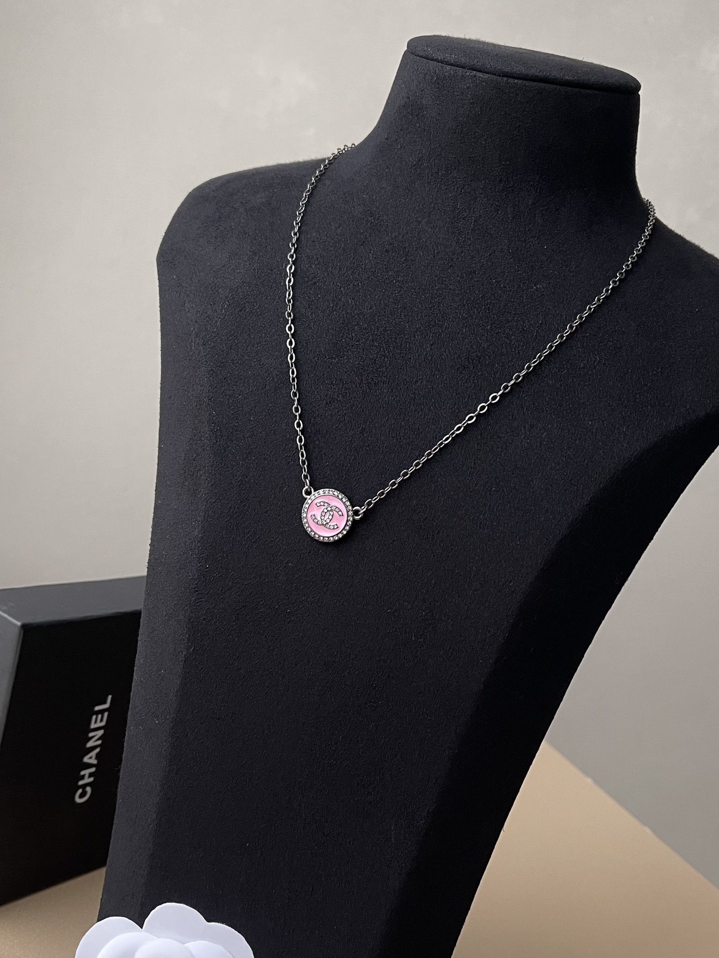 Chanel CC Logo Pink Resin Crystal Necklace - Ruthenium Finish