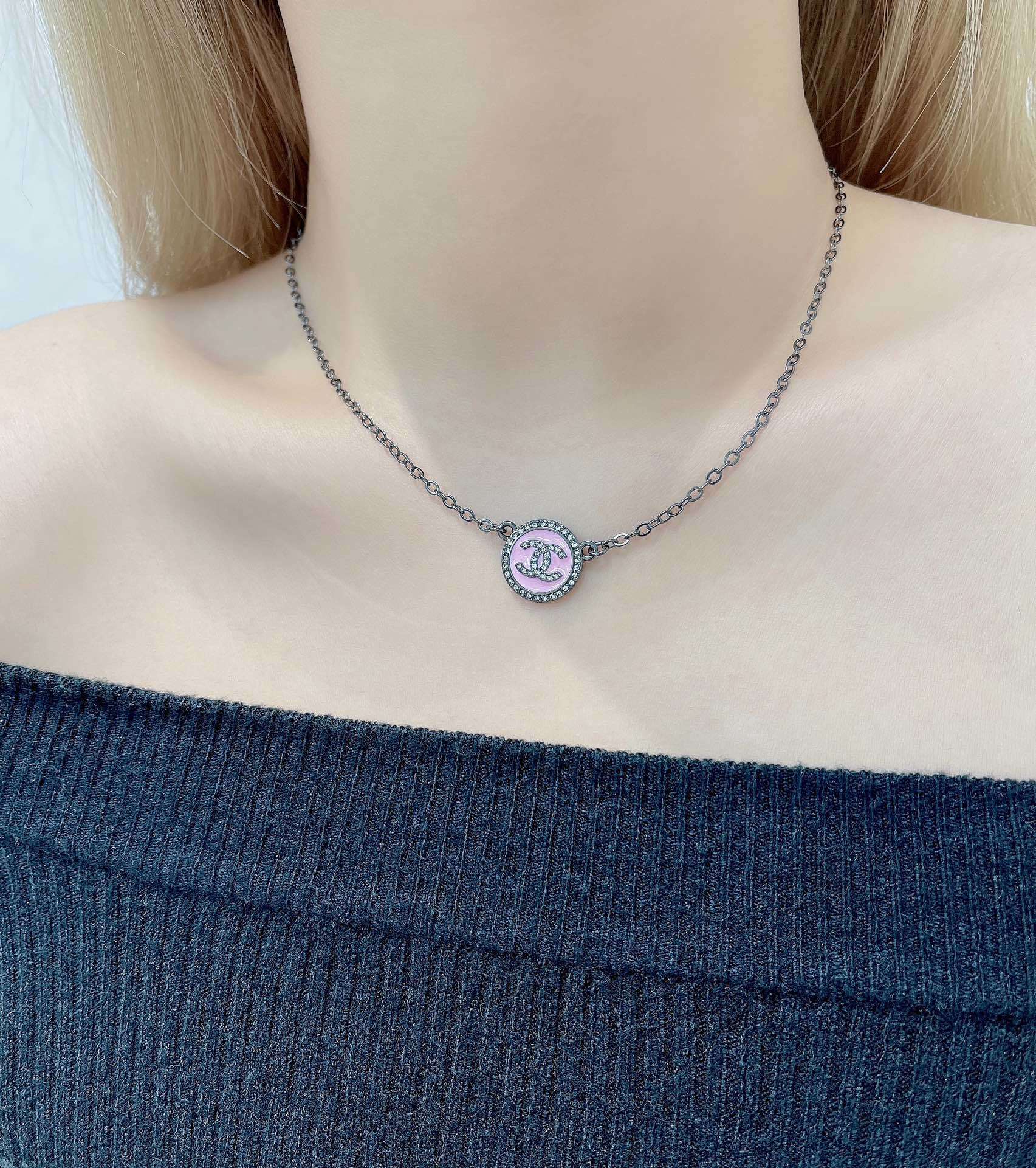 Chanel CC Logo Pink Resin Crystal Necklace - Ruthenium Finish
