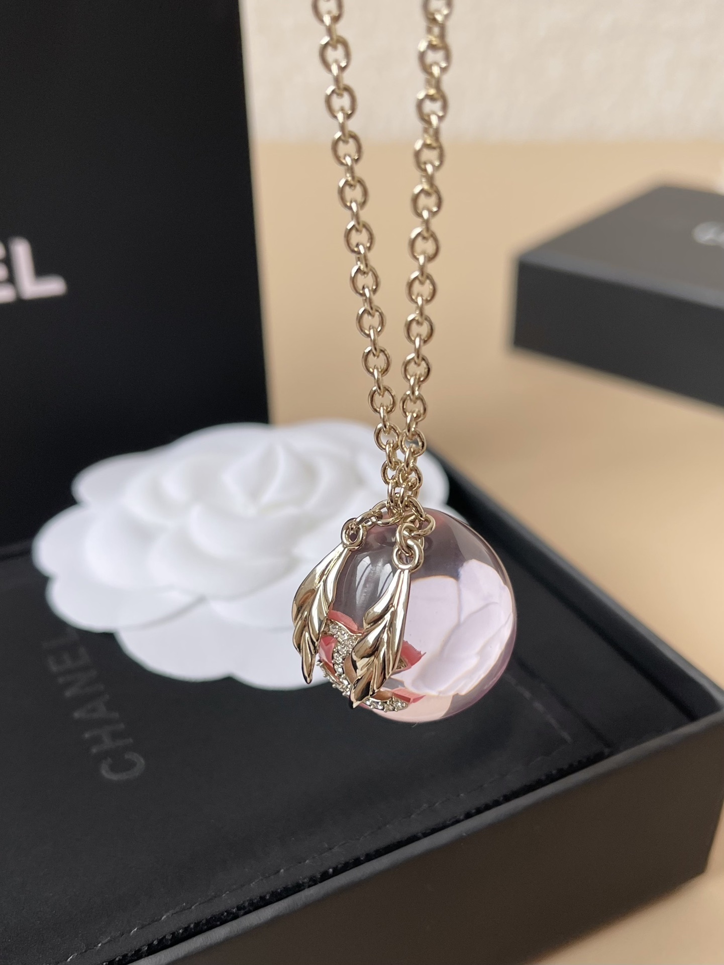 Chanel Pink Heart Crystal Necklace & Drop Earrings Jewelry Set