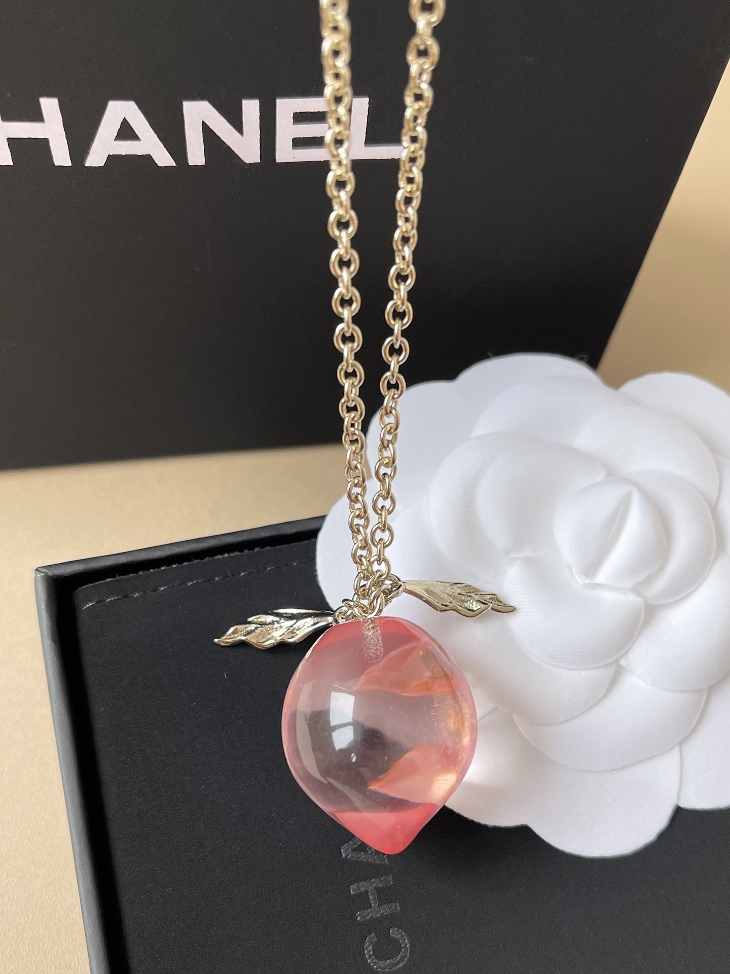 Chanel Pink Heart Crystal Necklace & Drop Earrings Jewelry Set