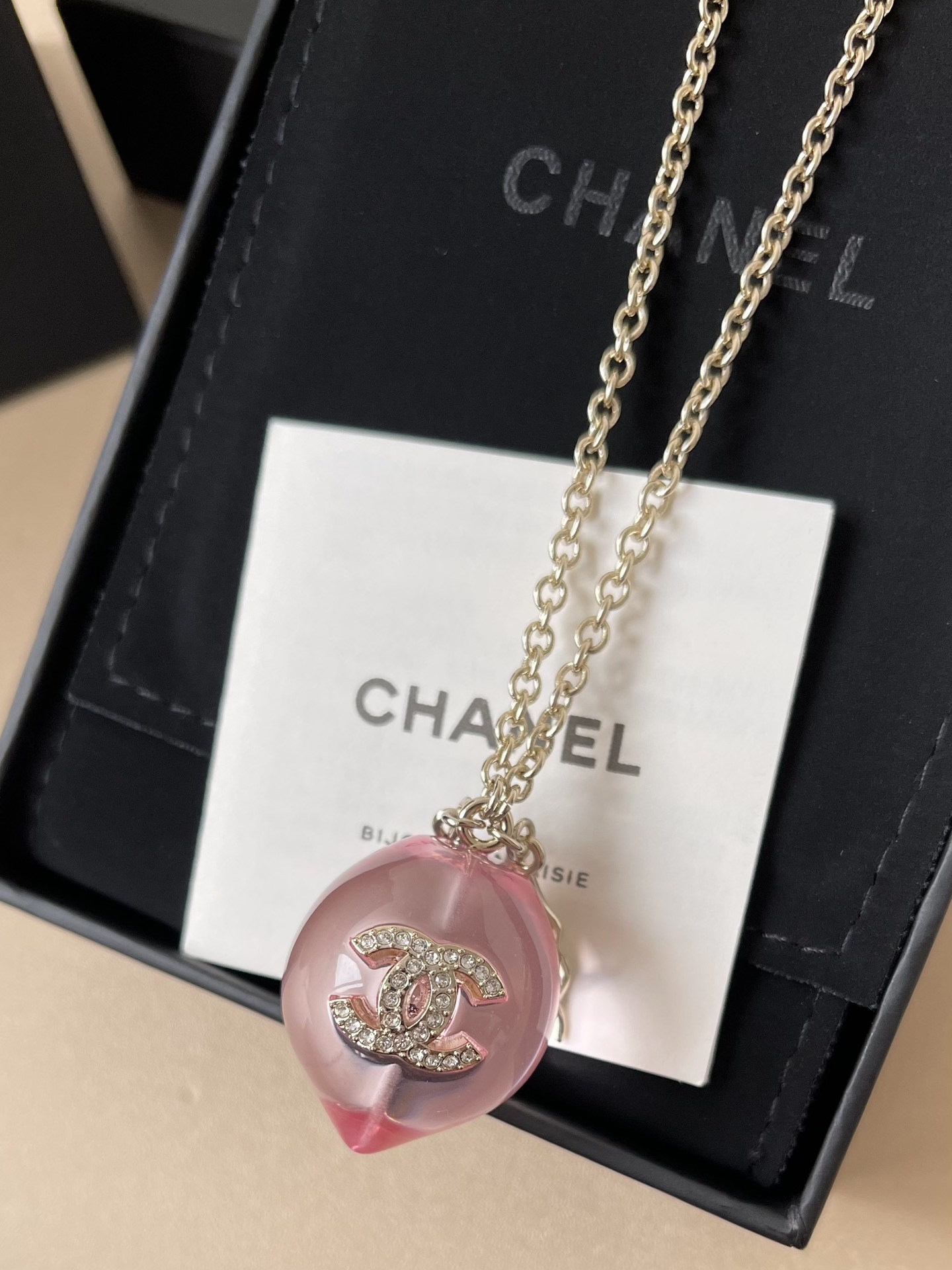 Chanel Pink Heart Crystal Necklace & Drop Earrings Jewelry Set