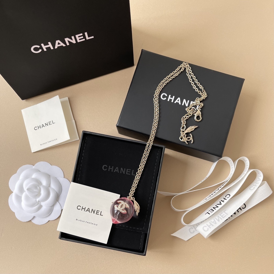 Chanel Pink Heart Crystal Necklace & Drop Earrings Jewelry Set