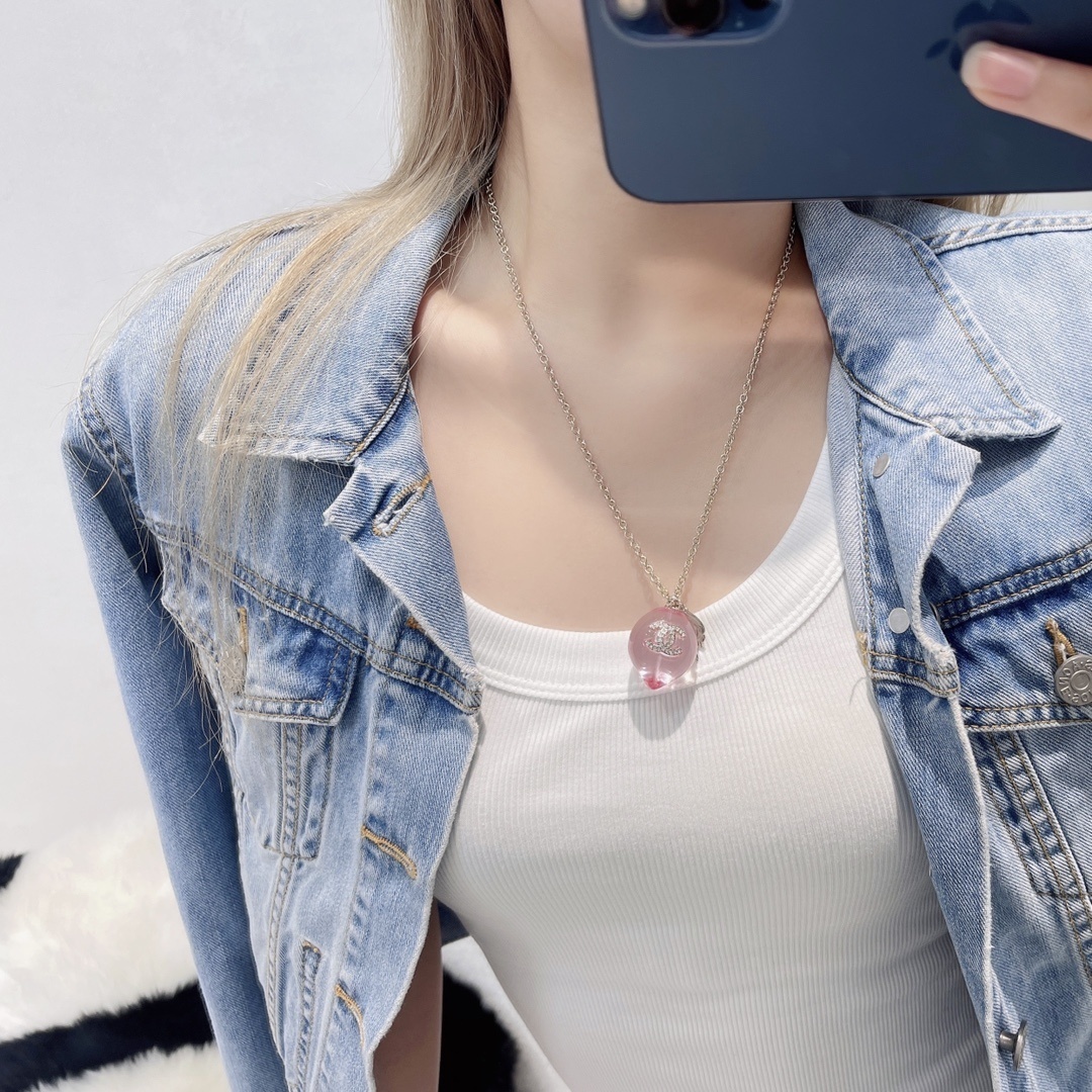 Chanel Pink Heart Crystal Necklace & Drop Earrings Jewelry Set