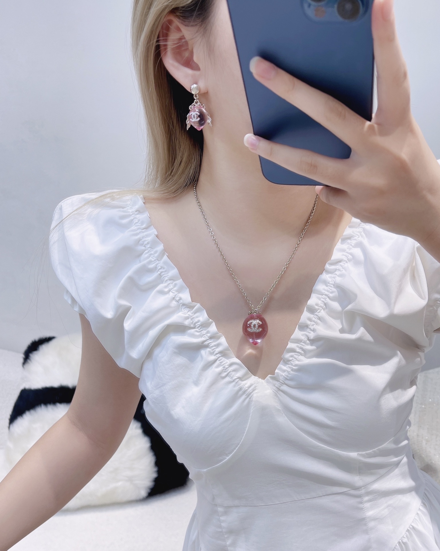 Chanel Pink Heart Crystal Necklace & Drop Earrings Jewelry Set