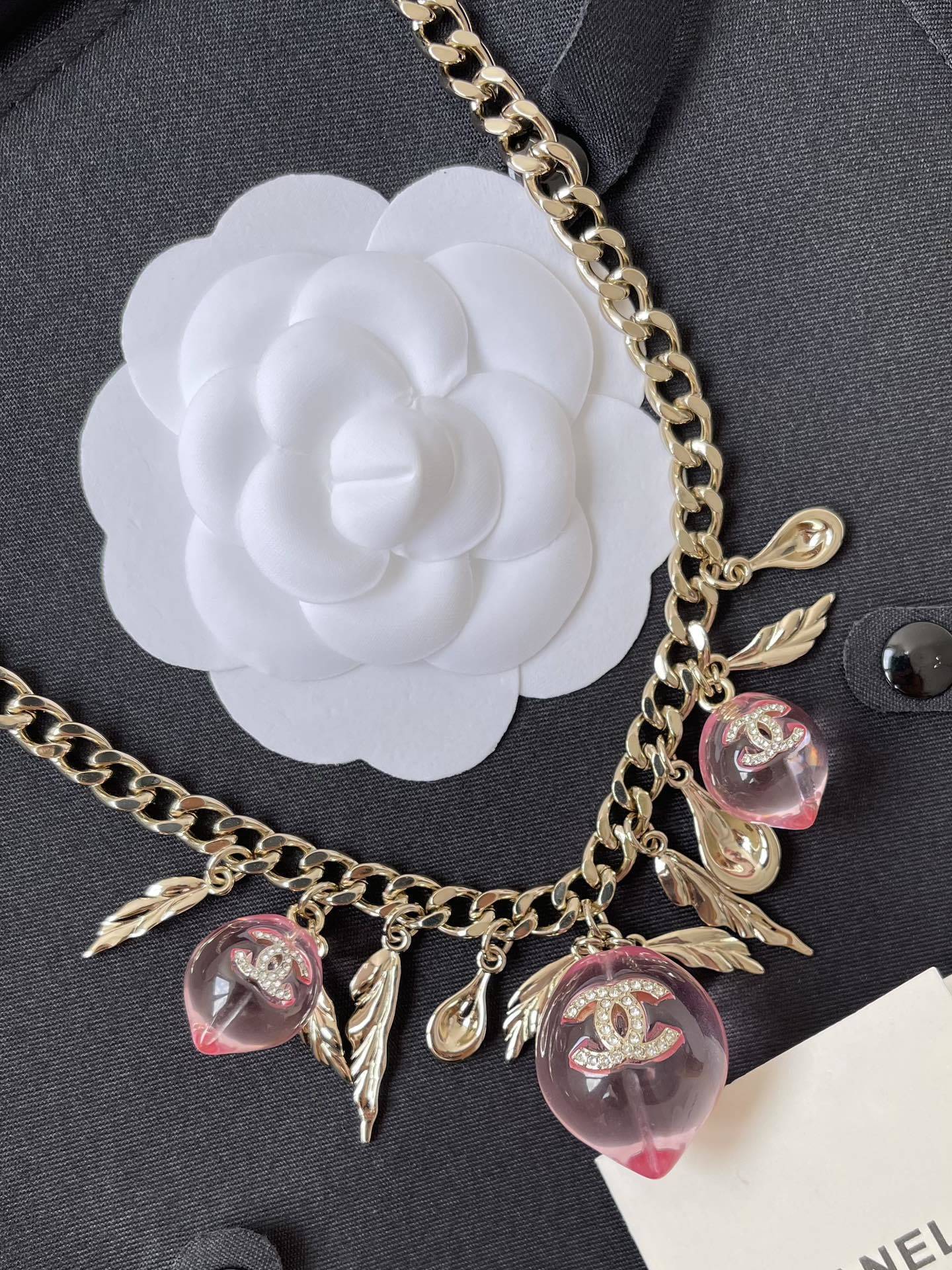 Chanel 2024/25 Métiers d'art Pink Resin & Gold Charm Necklace