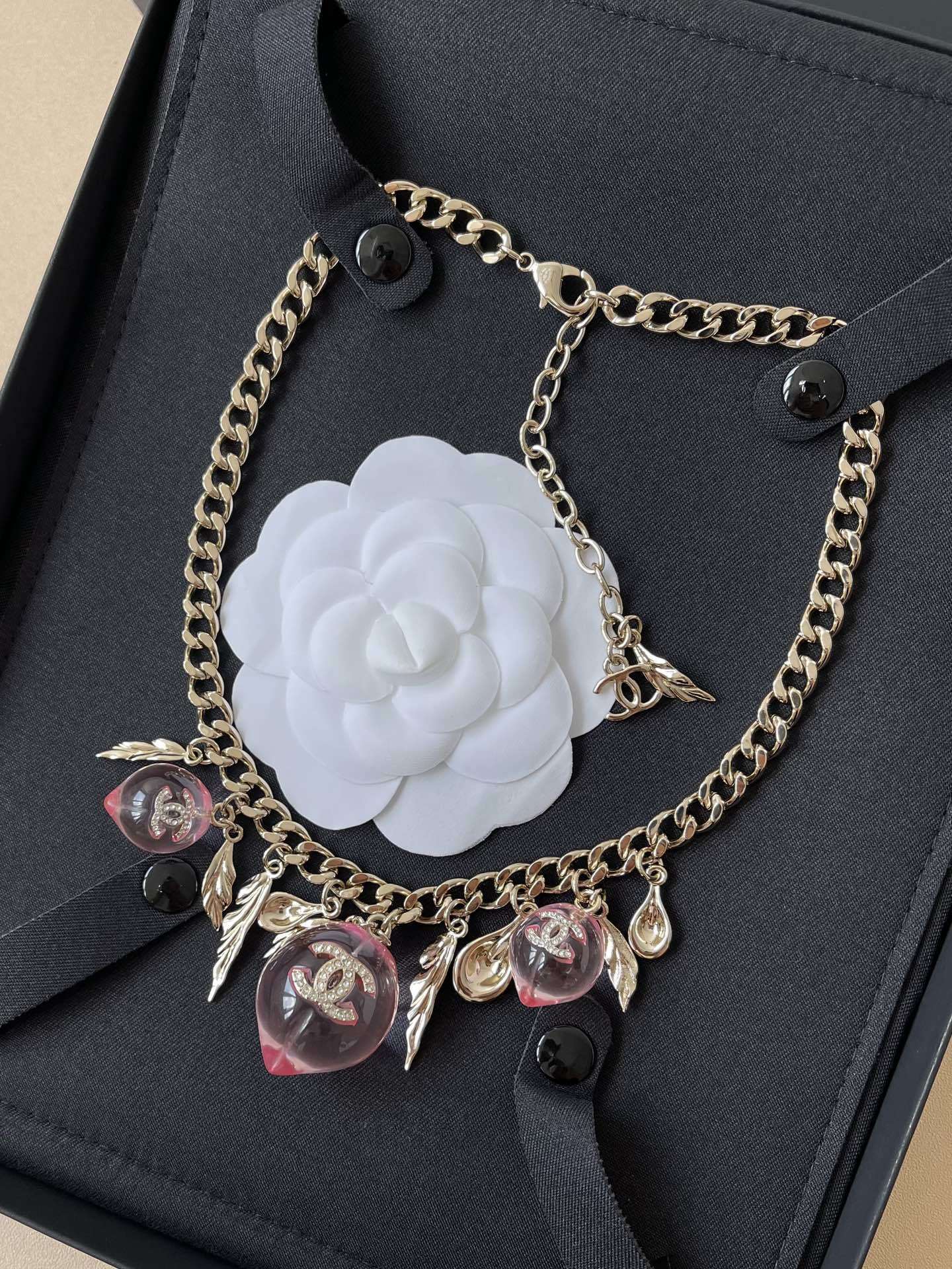 Chanel 2024/25 Métiers d'art Pink Resin & Gold Charm Necklace