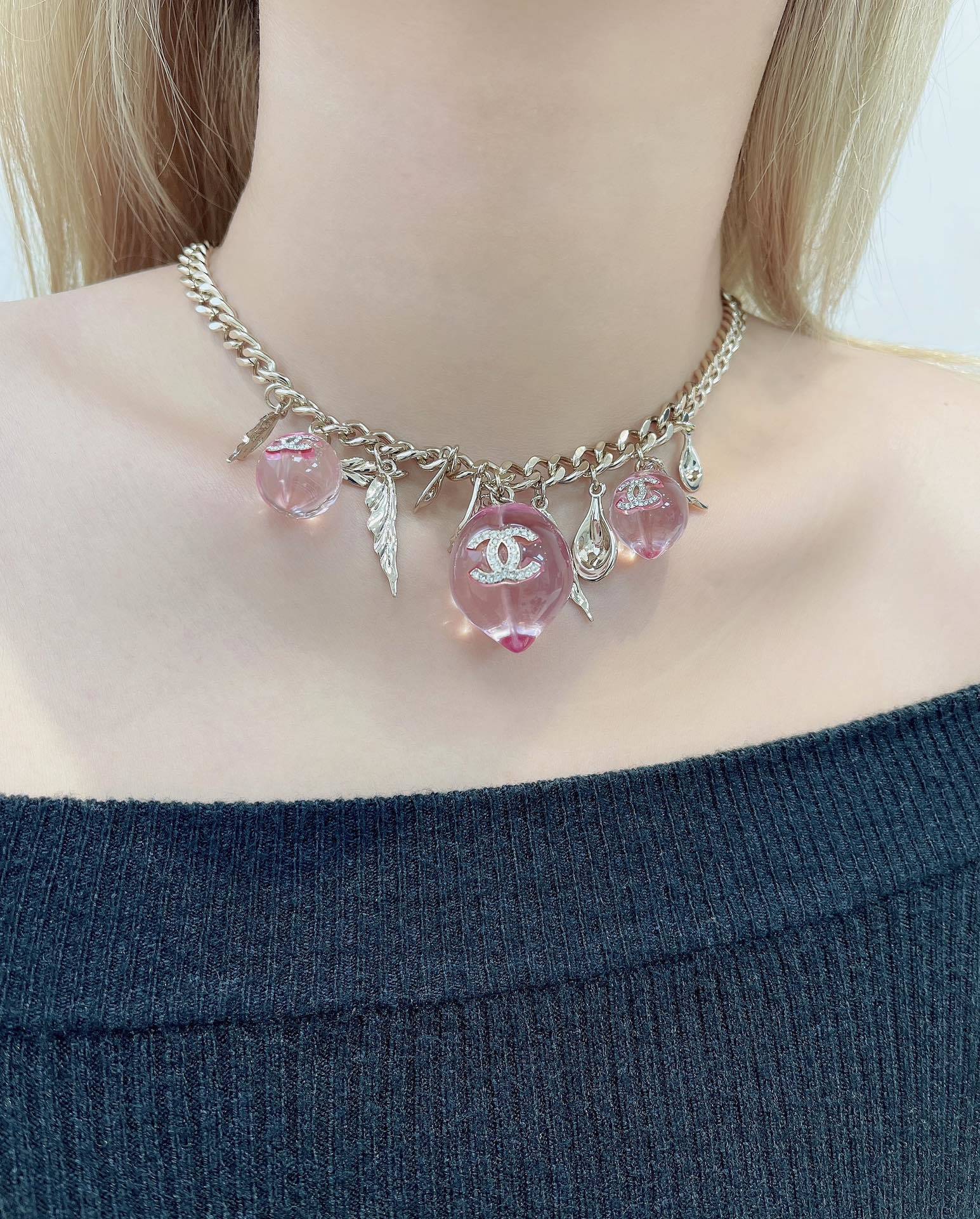 Chanel 2024/25 Métiers d'art Pink Resin & Gold Charm Necklace