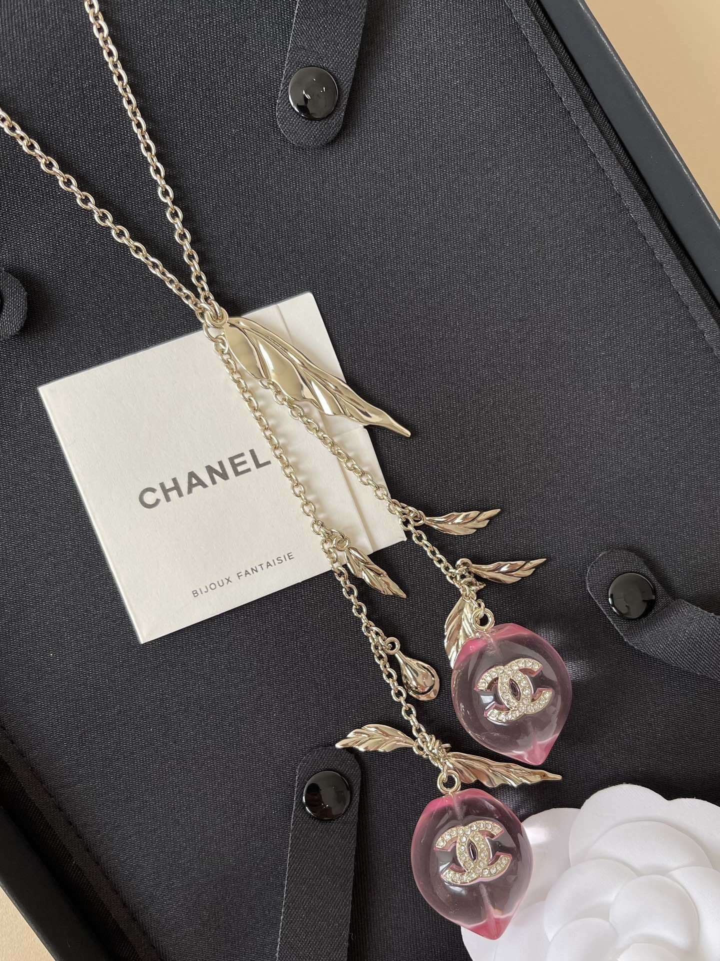 Chanel 2024/25 Long Pendant Necklace Gold Pink Resin Fruit CC Logo