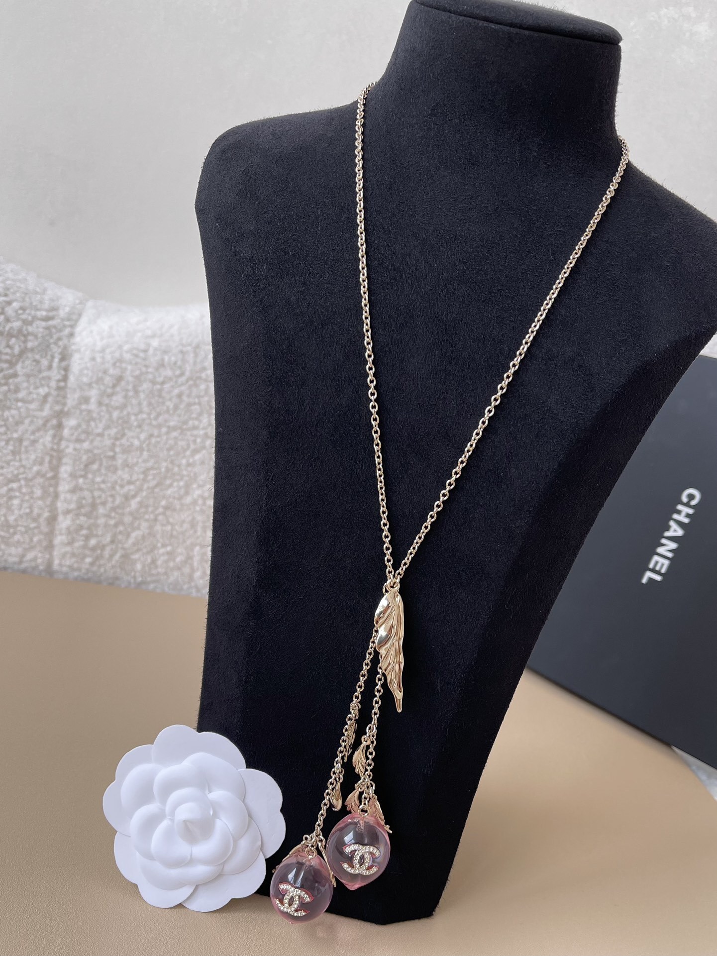 Chanel 2024/25 Long Pendant Necklace Gold Pink Resin Fruit CC Logo