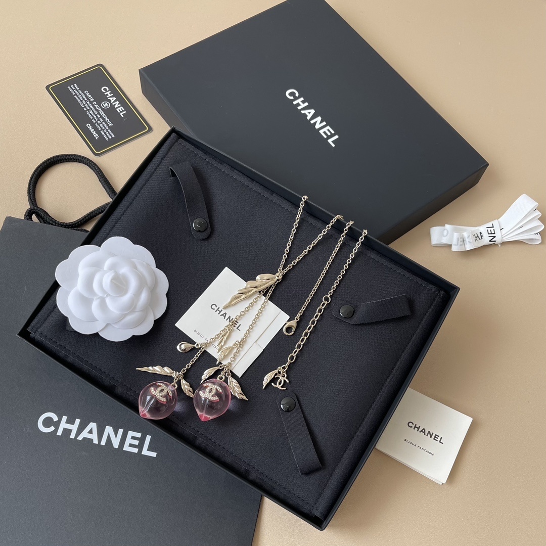 Chanel 2024/25 Long Pendant Necklace Gold Pink Resin Fruit CC Logo