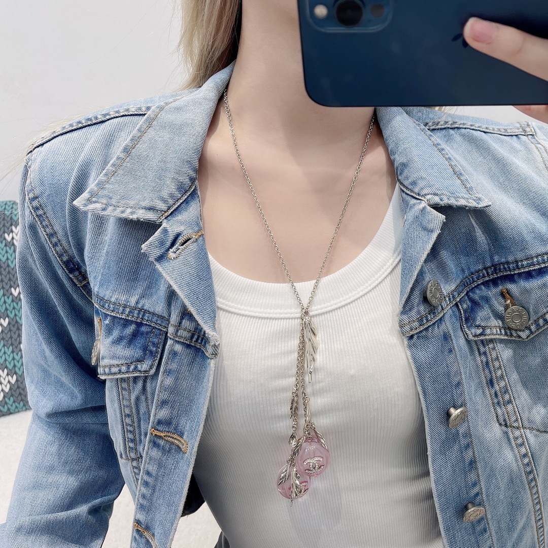 Chanel 2024/25 Long Pendant Necklace Gold Pink Resin Fruit CC Logo