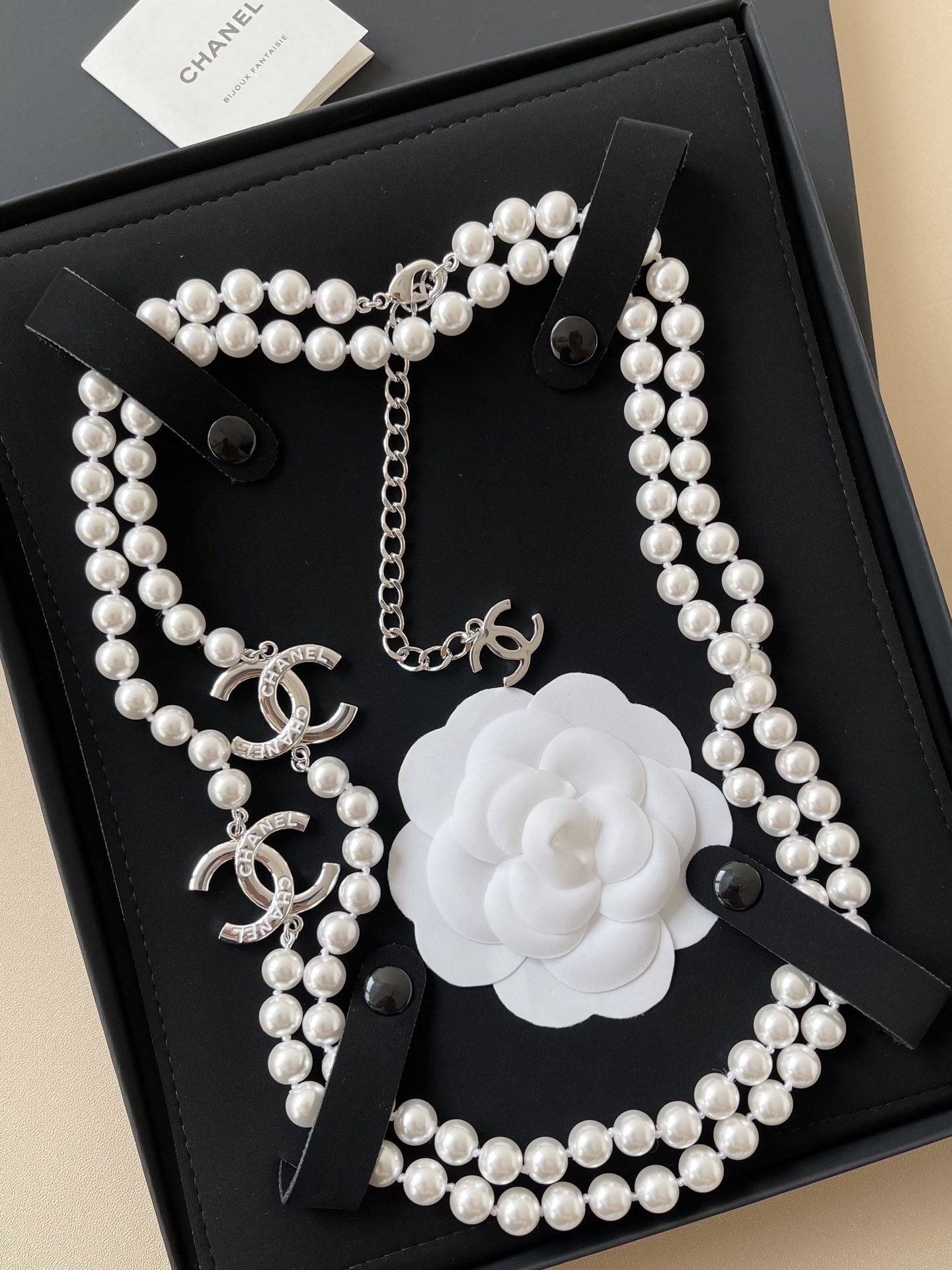 Luxury Double Strand Pearl Necklace with Interlocking CC Charms