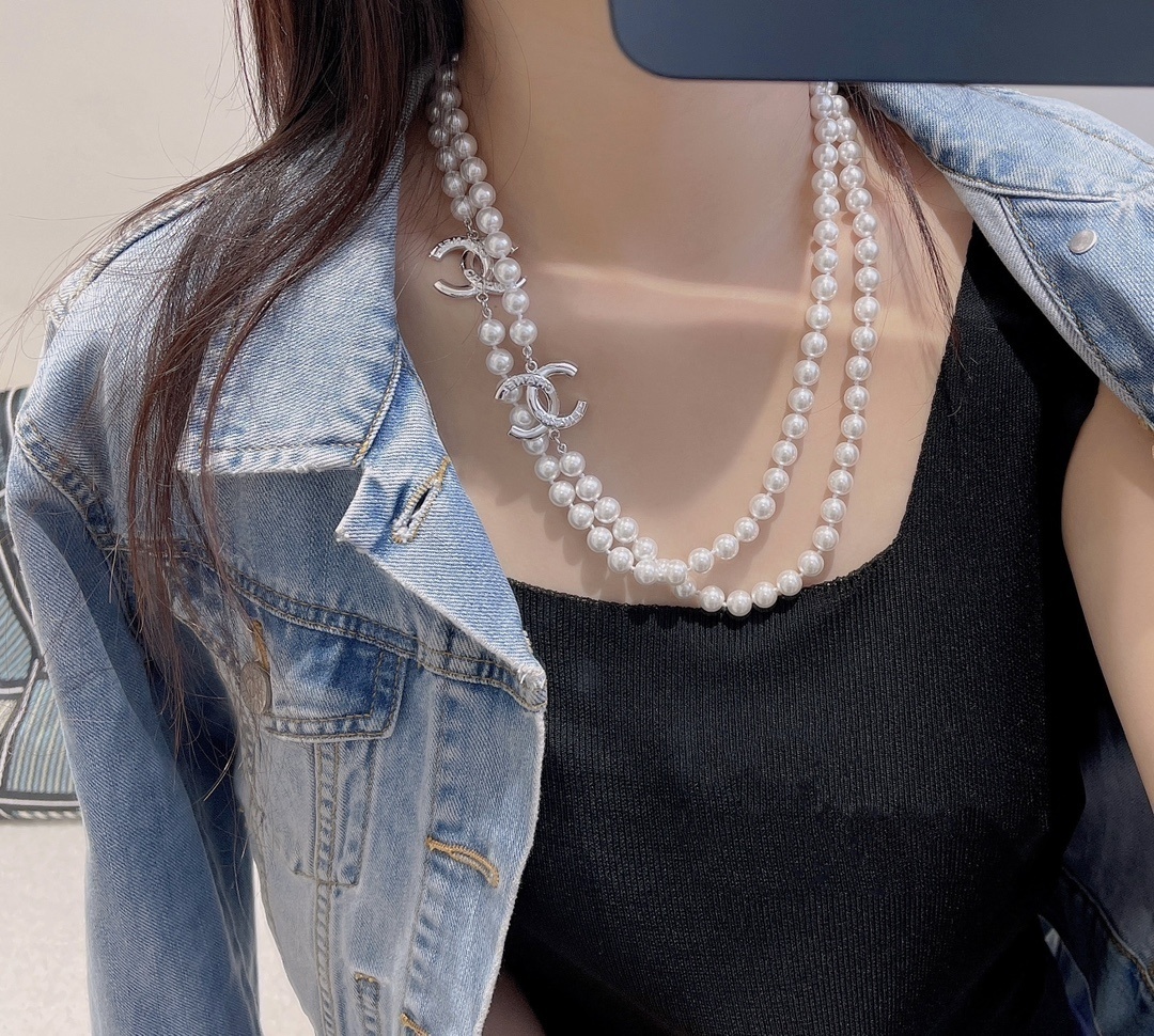 Luxury Double Strand Pearl Necklace with Interlocking CC Charms