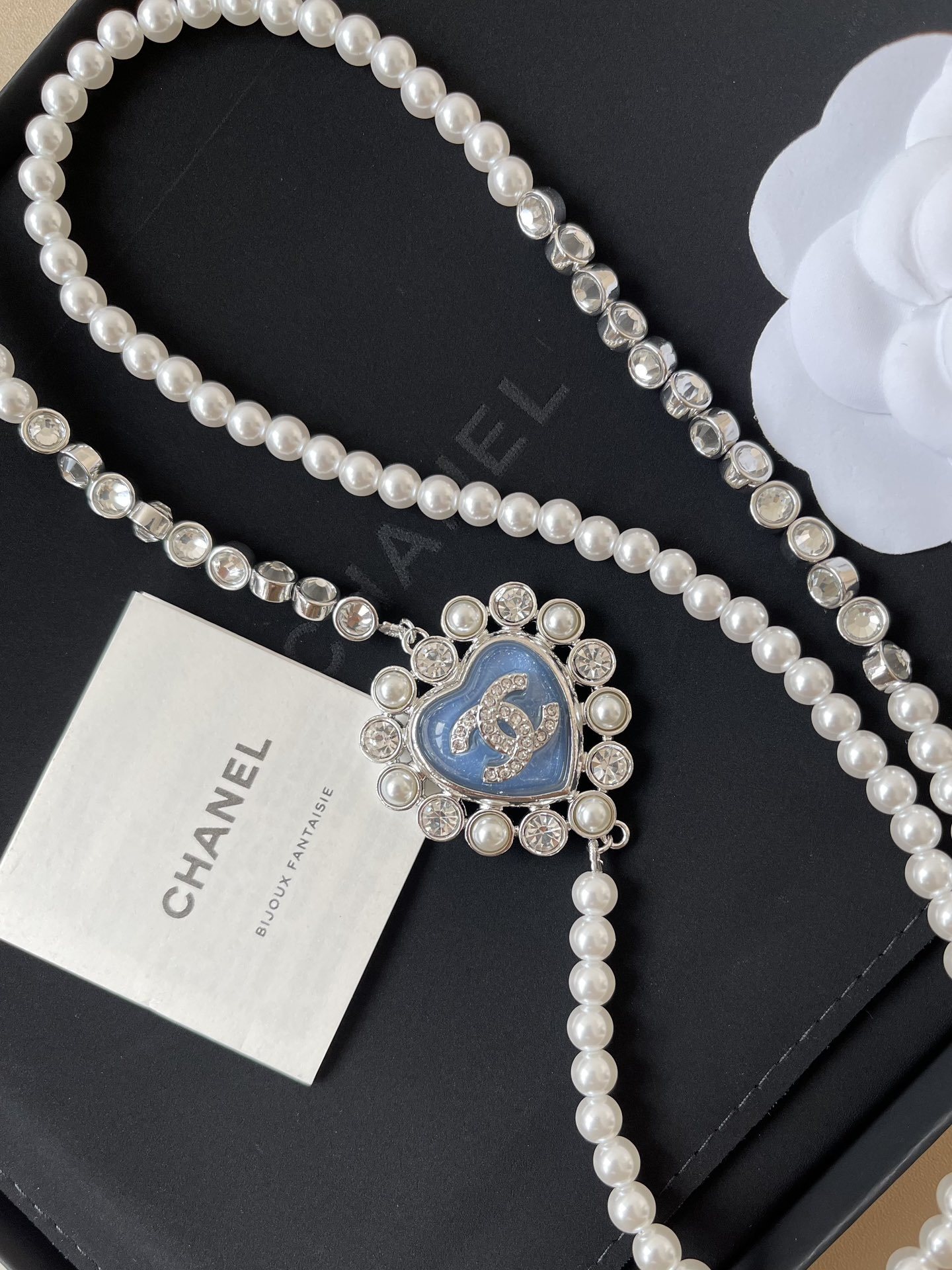Elegant Blue Heart CC Pearl Long Necklace - 2025 Collection