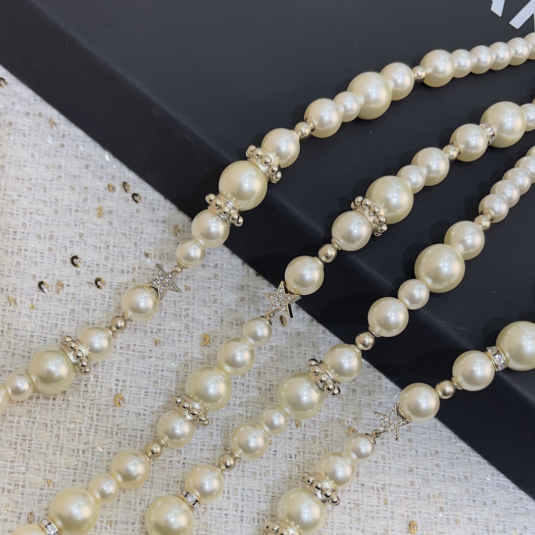 Luxury Pearl Long Necklace with Crystal CC Logo and Star Charms