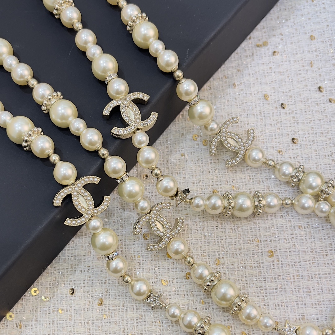 Luxury Pearl Long Necklace with Crystal CC Logo and Star Charms