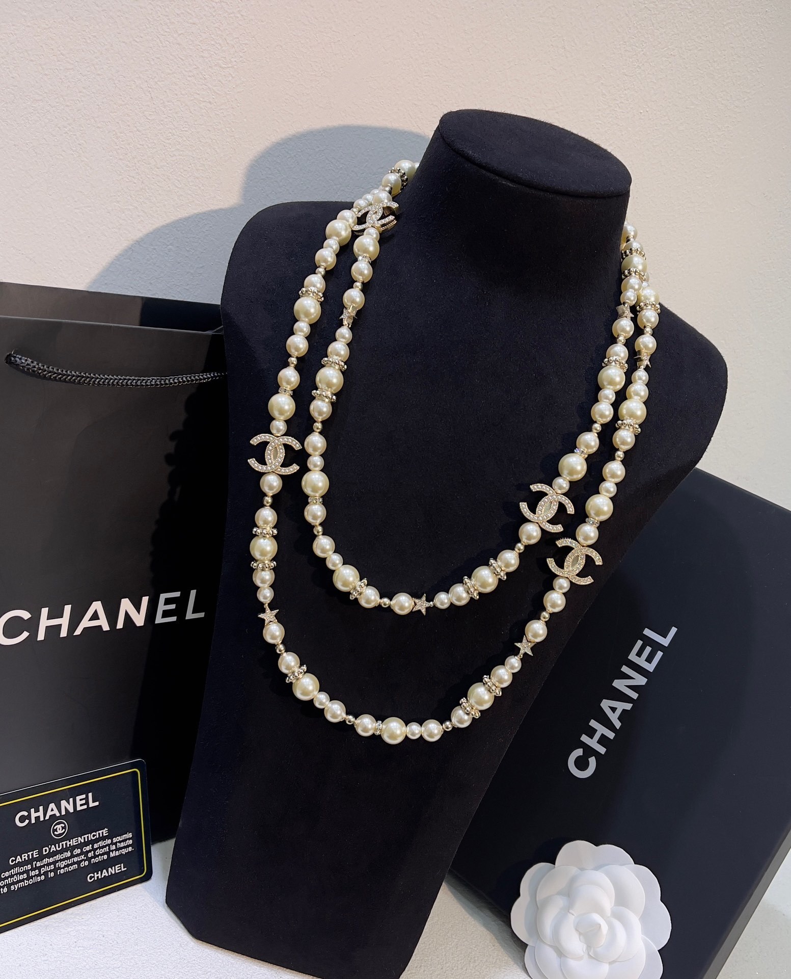 Luxury Pearl Long Necklace with Crystal CC Logo and Star Charms