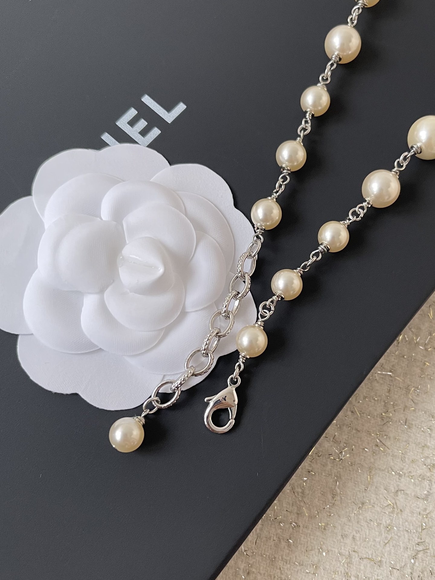 Luxury Pearl Long Necklace with Crystal Double C Logo Charms