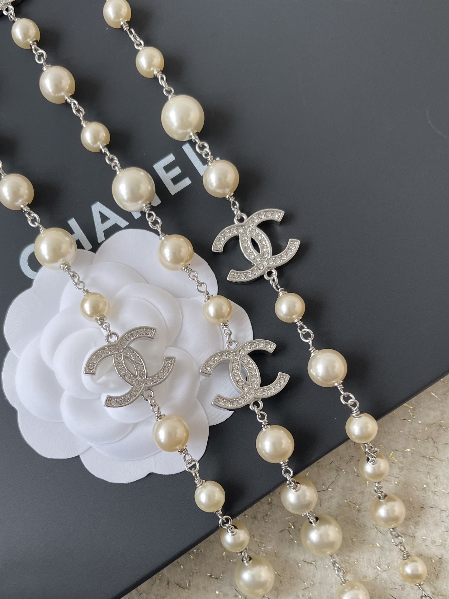 Luxury Pearl Long Necklace with Crystal Double C Logo Charms